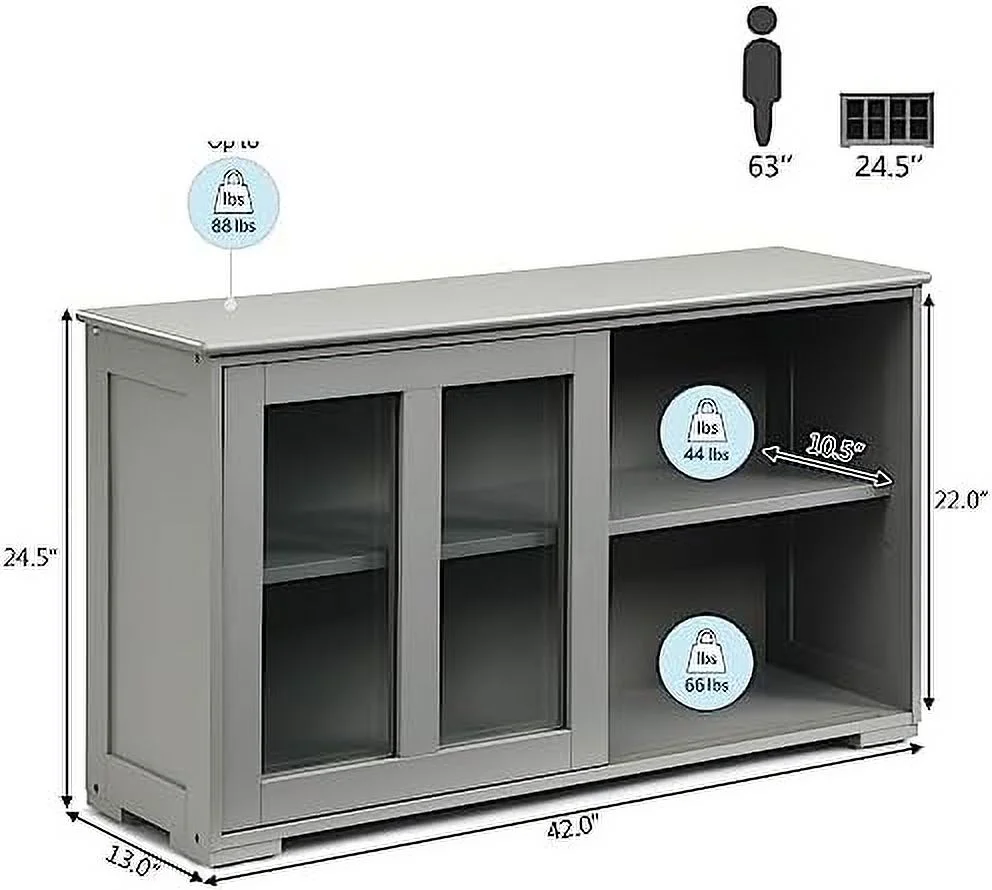 HYHBIBOOM Sideboard Buffet Cabinet  Stackable  Coffee  Cabinet with Adjustable  & Glass Sliding Doors  Wooden Cupboard Credenza Console Table for Kitchen/Dining Room/Living Room (Grey