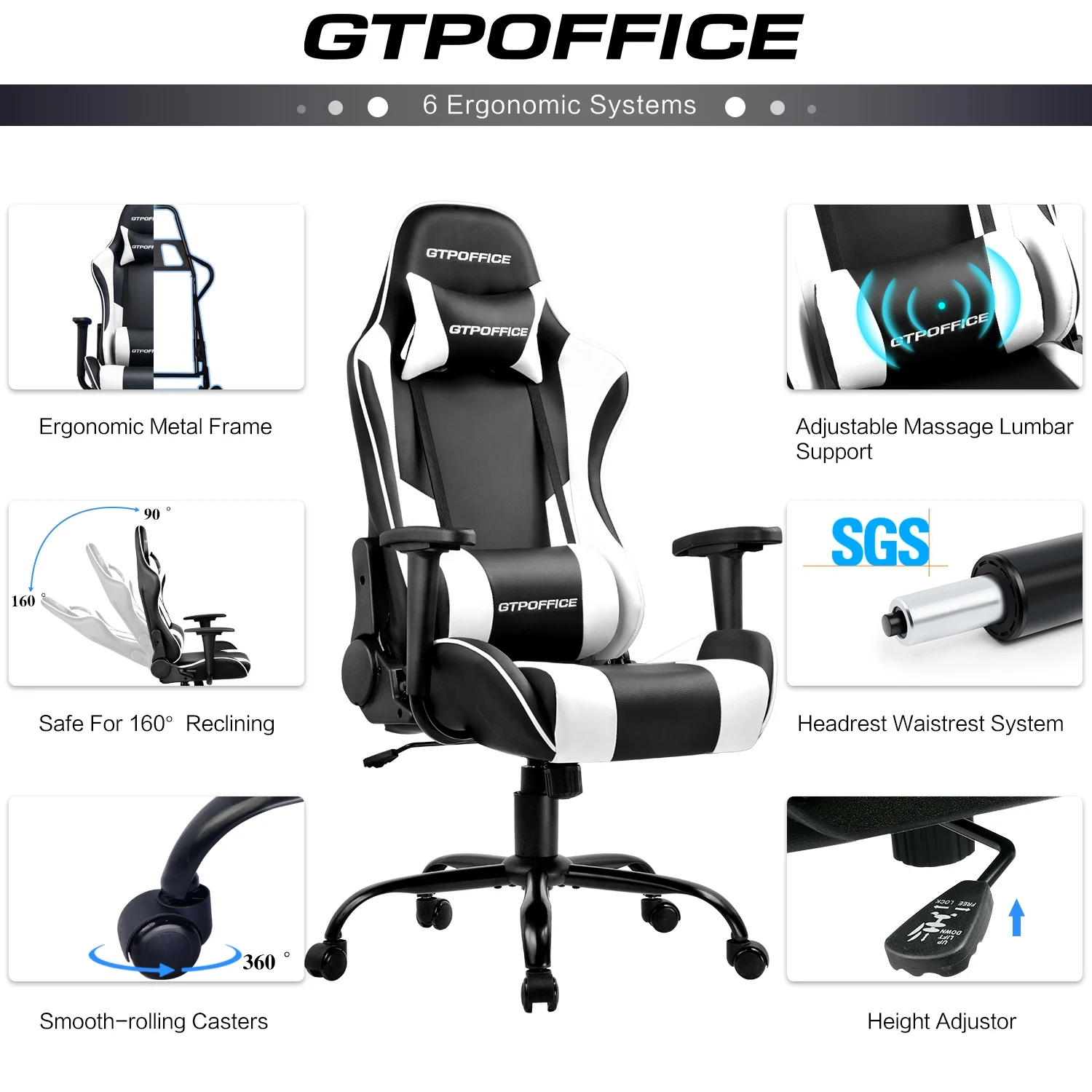 LUCKRACER Gaming Chair With Massage Office Computer Chair, White