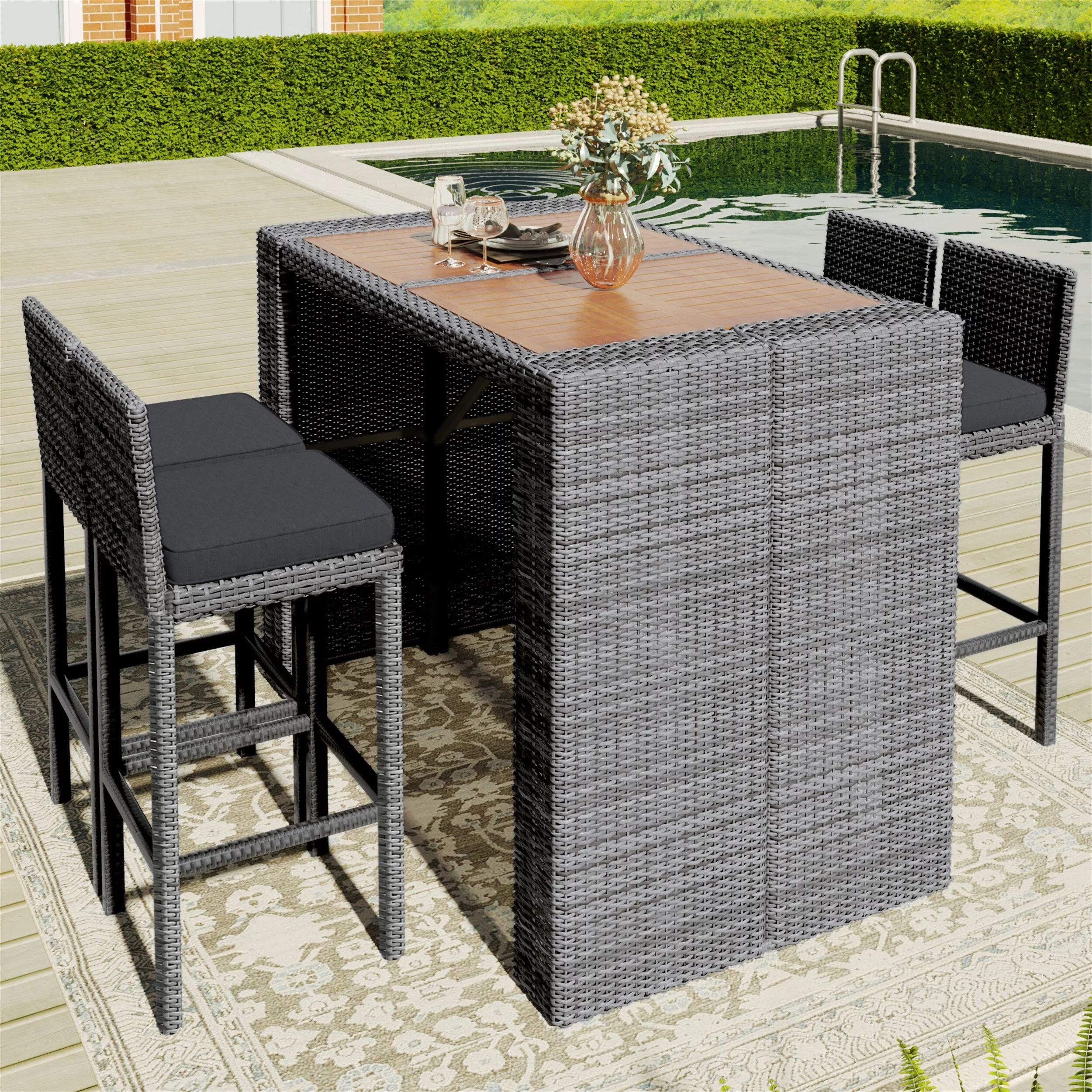 YJTONWIN Dining Set,5-pieces,Outdoor Wicker Set,Acacia Wood,Brown And Gray