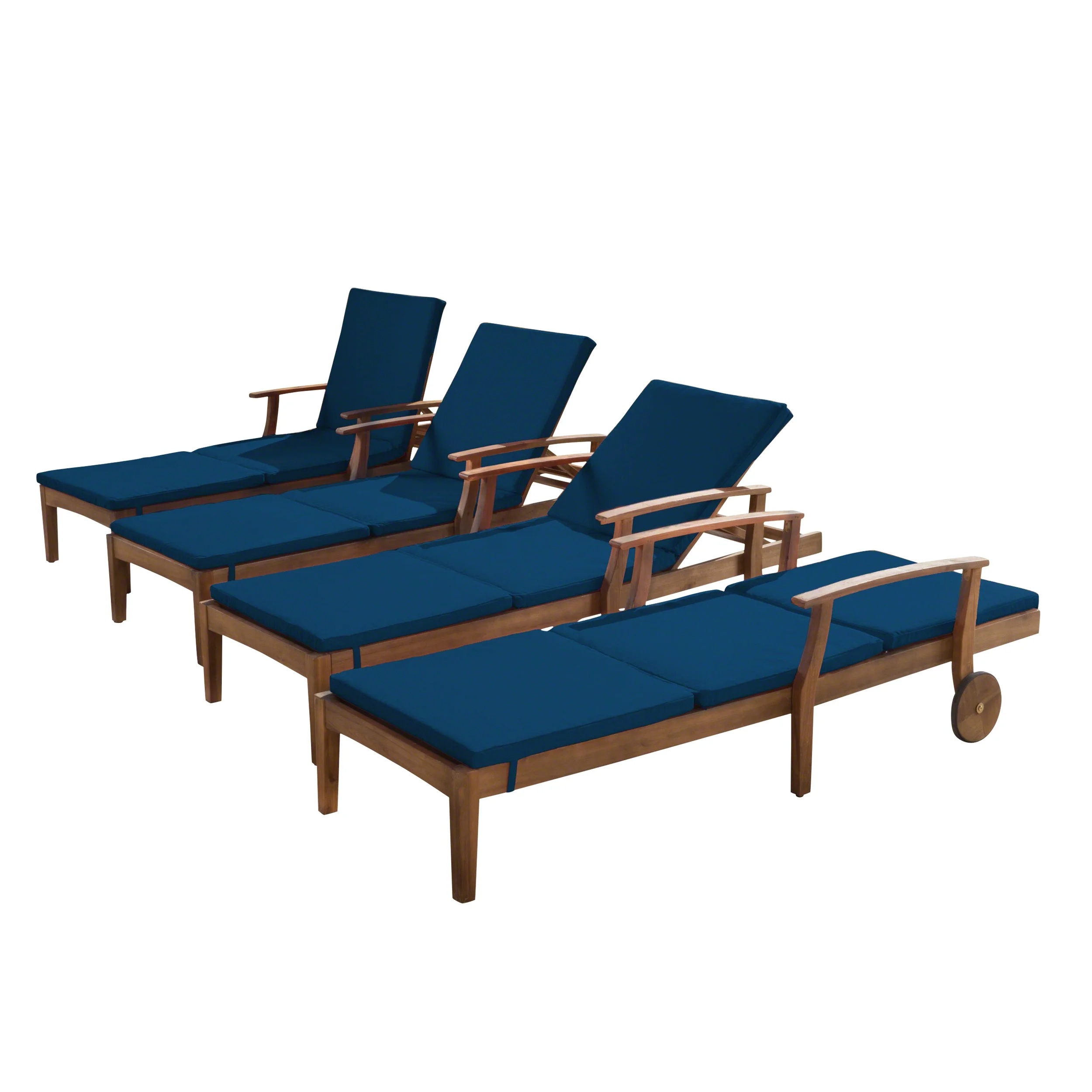 GDF Studio Abena Outdoor Acacia Wood Armless Adjustable Chaise Lounge with Cushion, Set of 4, Teak and Blue