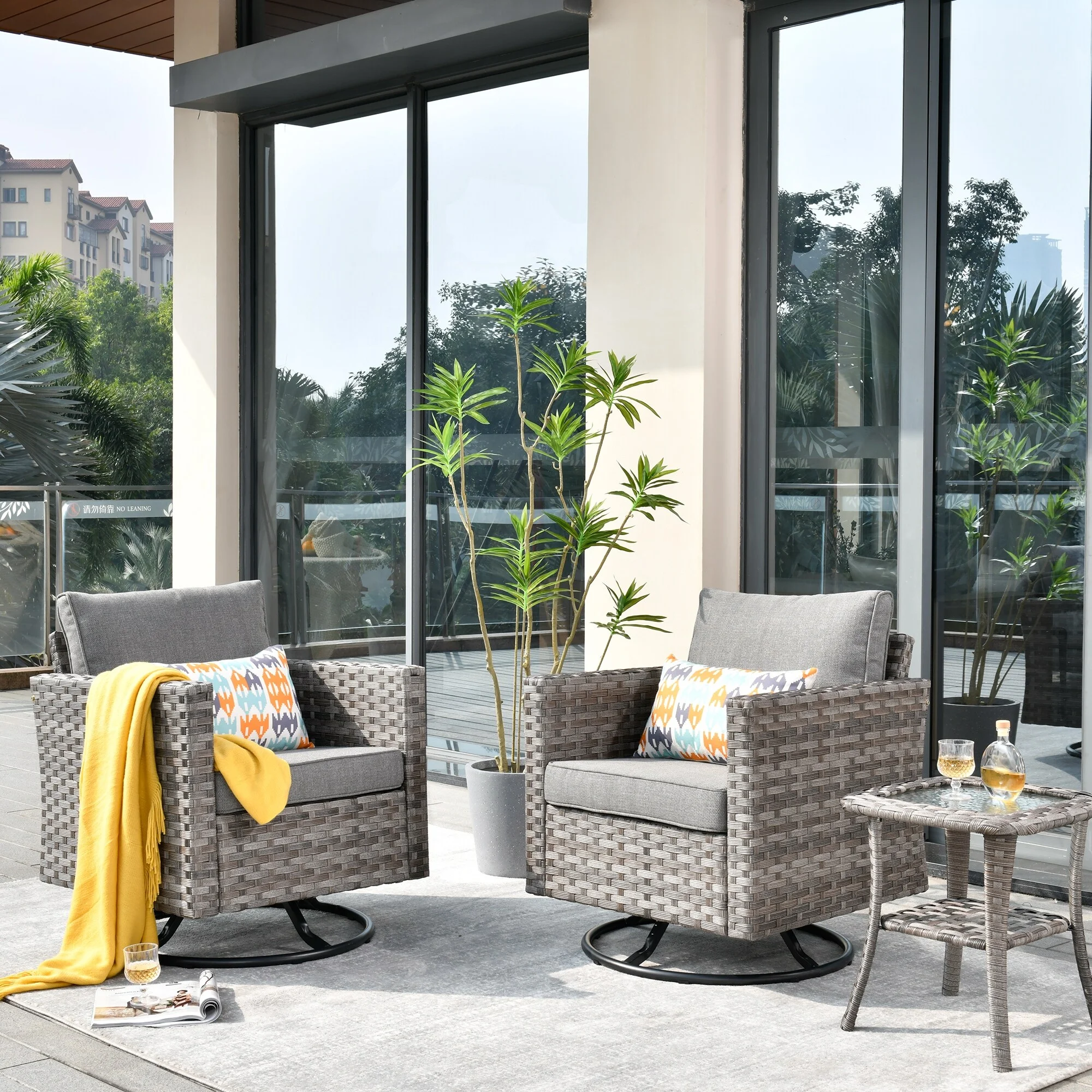 OVIOS  Patio Wicker Swivel Rocking Chair 3-piece Set with Side Table Navy Blue