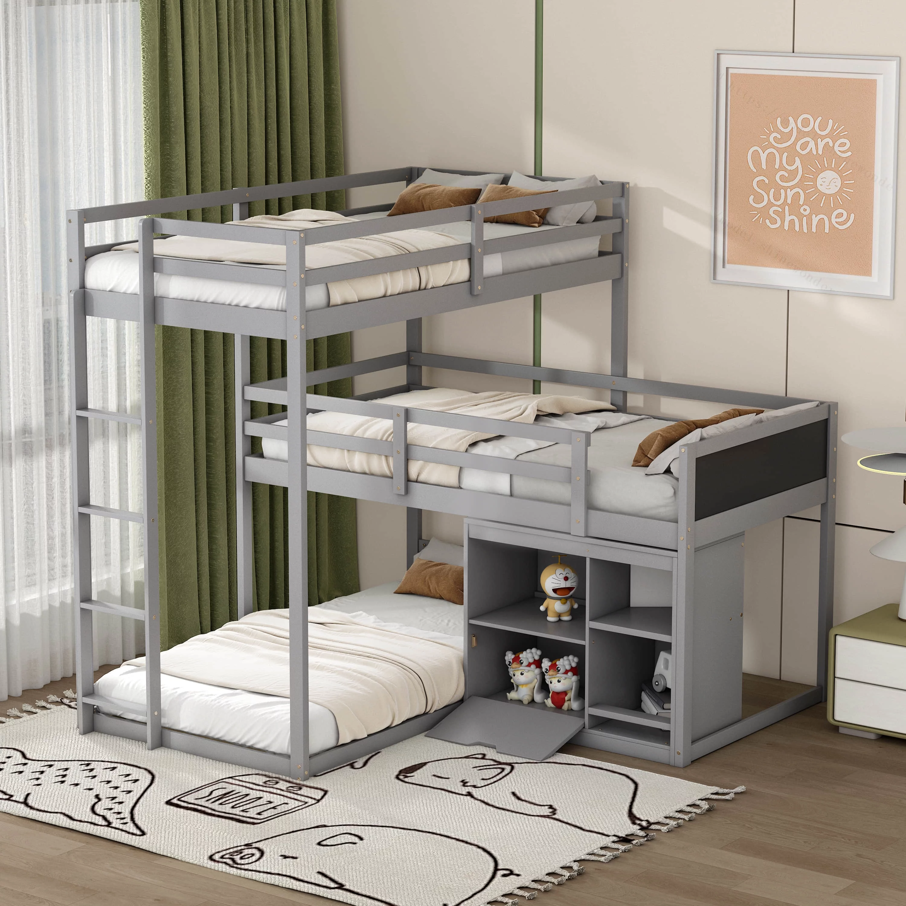 L-shaped Wood Triple Twin Size Bunk Bed with Storage Cabinet and Blackboard, Ladder