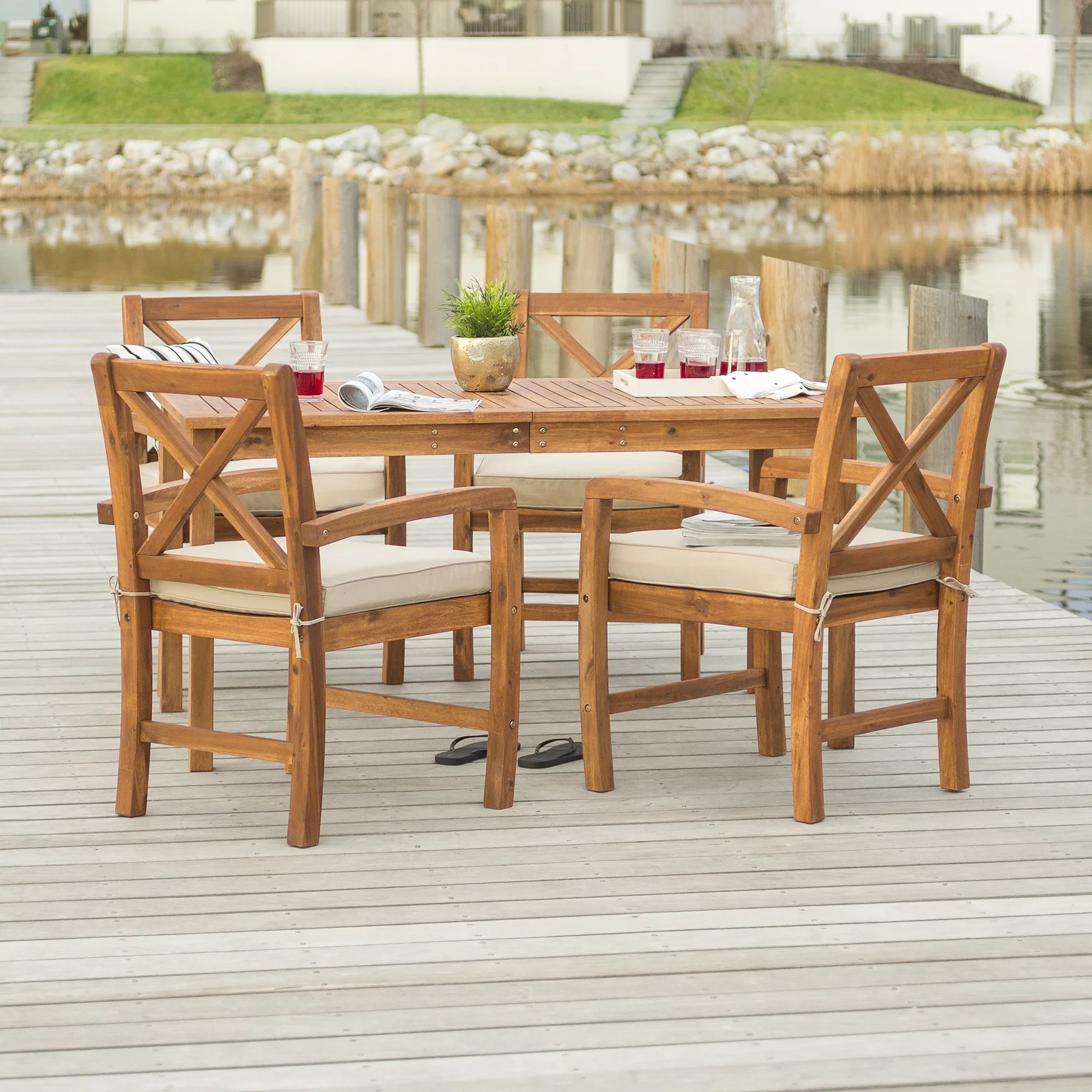 Walker Edison 5-Piece X-Back Wood Outdoor Patio Dining Set, Brown