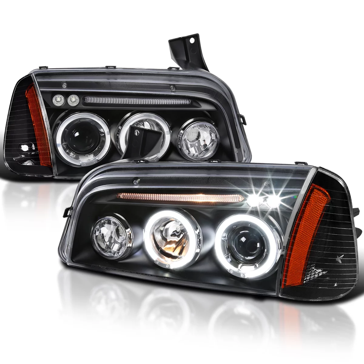 Spec-D Tuning Halo LED Projector + Corner Lights Compatible with 2006-2010 Charger Left + Right Pair Headlamps Assembly