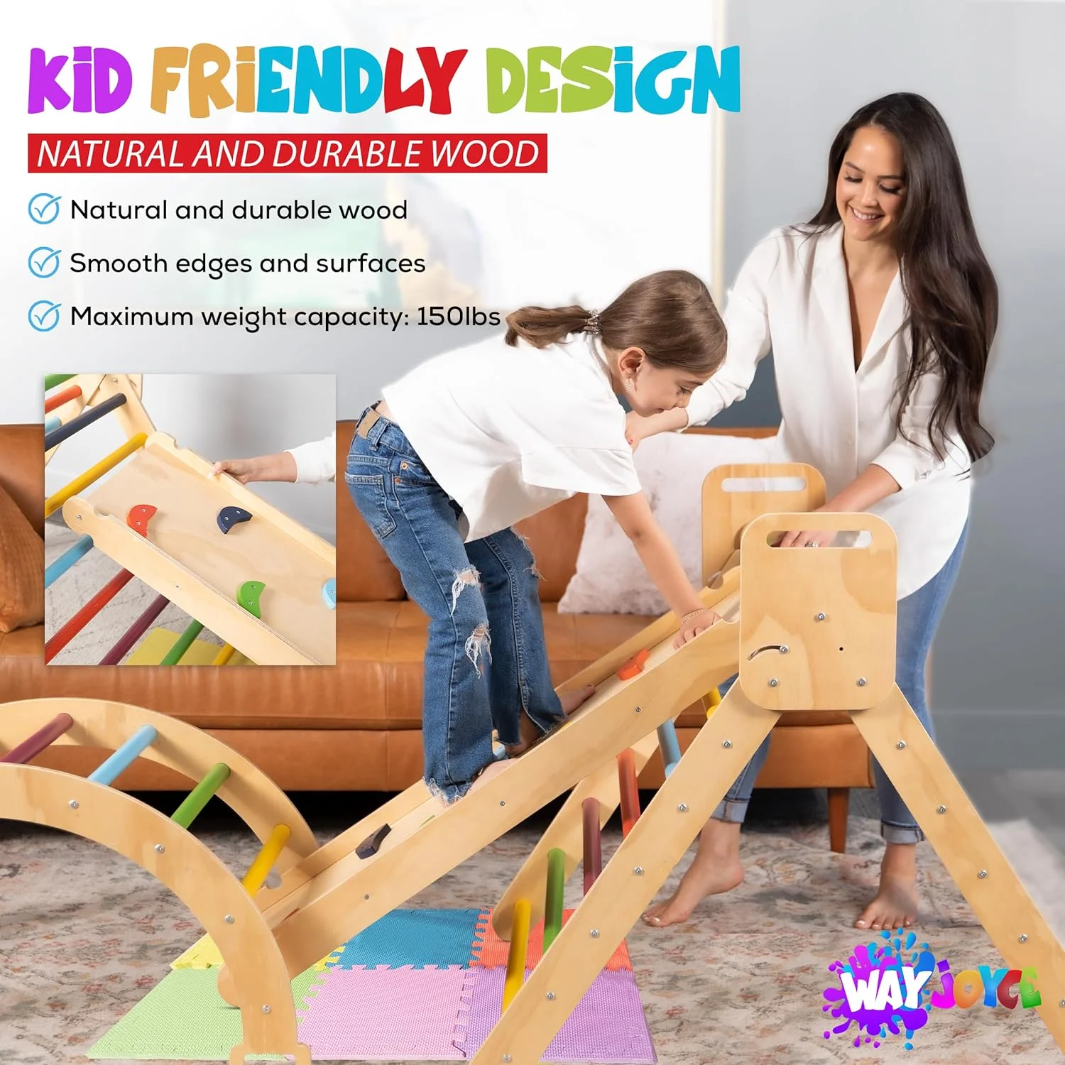 Pikler Triangle Set Large 5-1 with Colorful Foam Play Mats for Kids, Montessori Foldable Toddler Rainbow Climbing Toys Indoor Outdoor with Ramp & Slide, Durable Jungle Gym for Kids with Arch