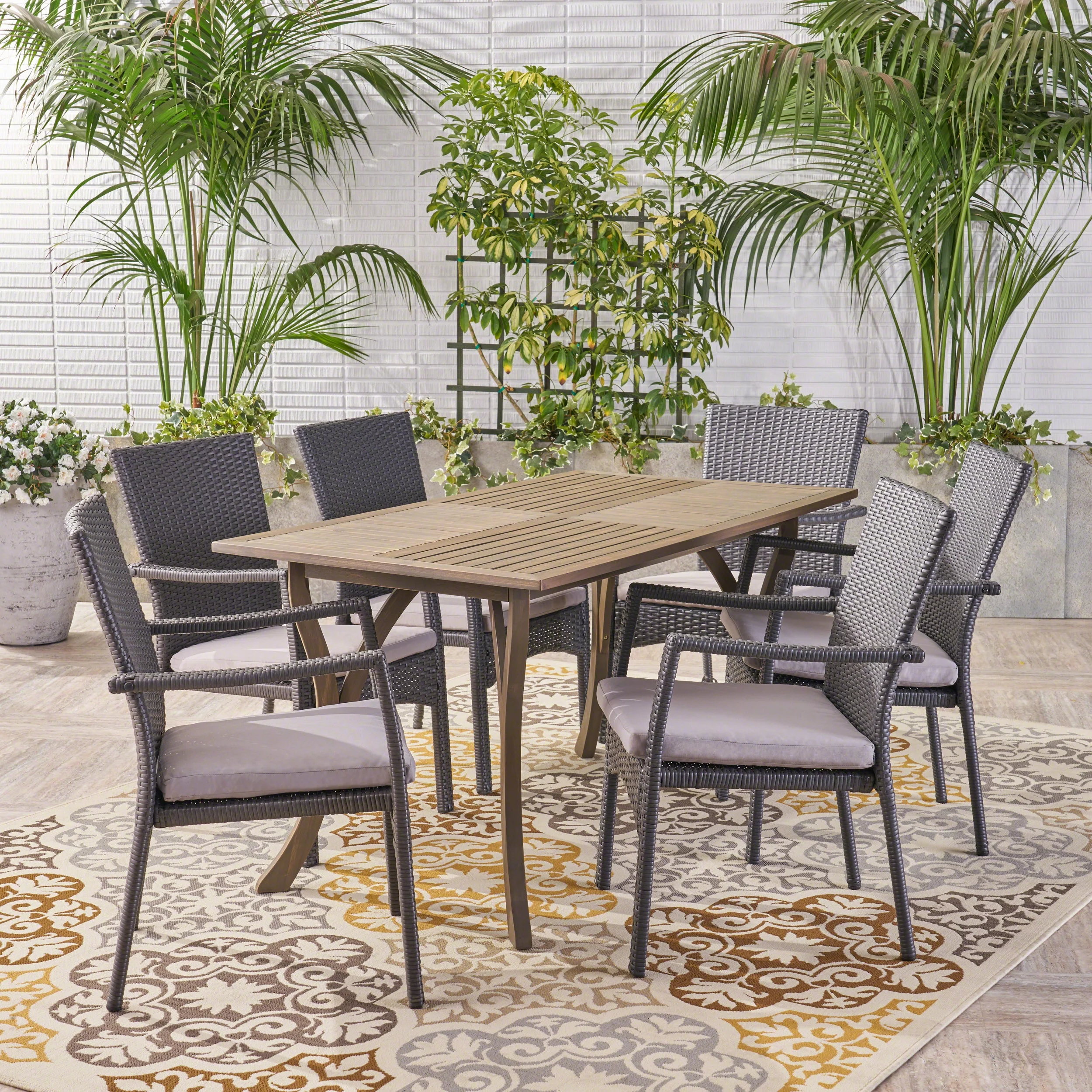 Ruiz Outdoor 7 Piece Wood and Wicker Dining Set with Cushions, Gray, Gray