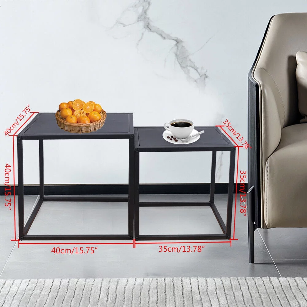 2PC Modern Metal Square Tray Coffee Table End Table Side Table Matte Black Plate