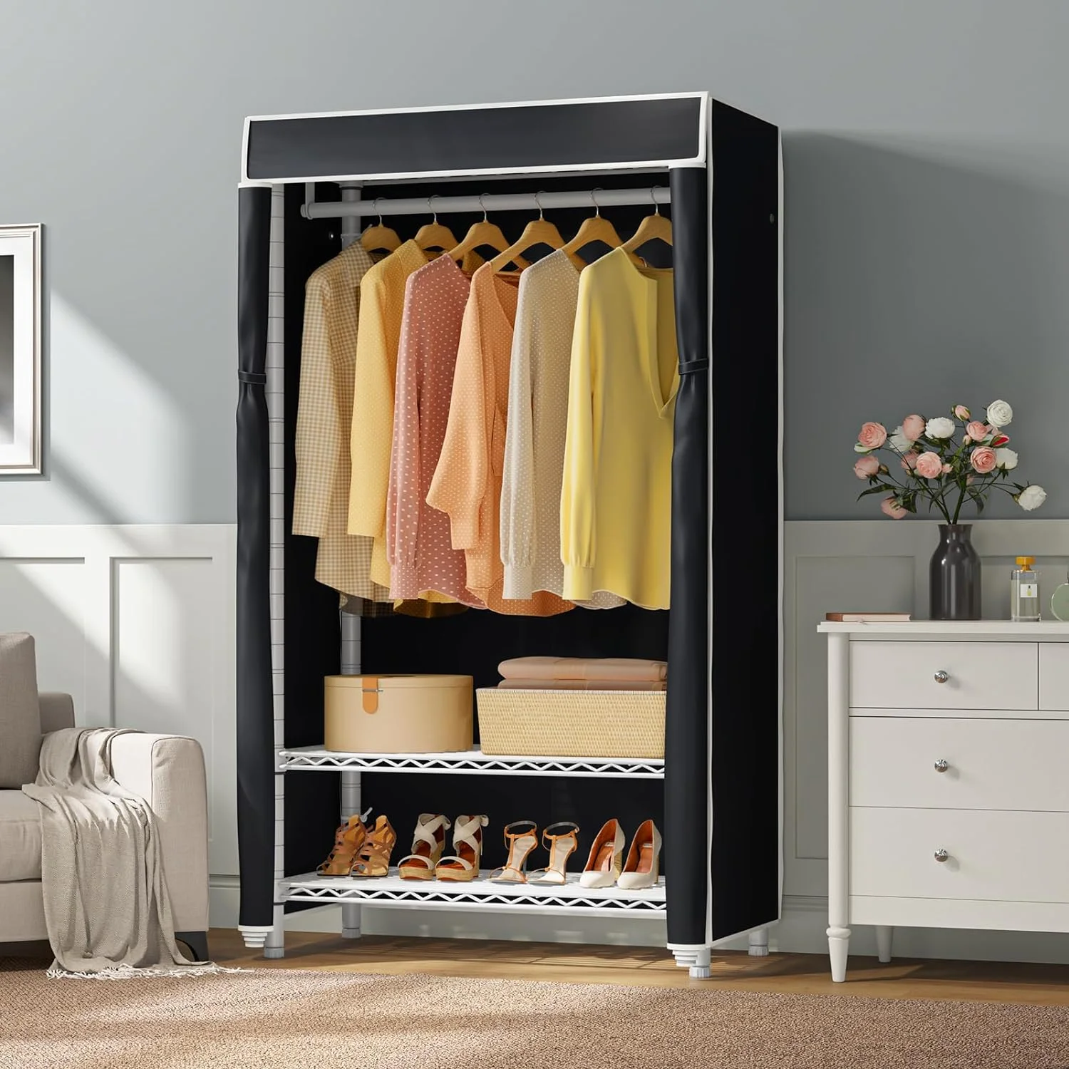 VIPEK V1S 3 Tiers Heavy Duty Garment Rack Free Standing Wardrobe Portable Closets with Cover Clothing Rack for Hanging Clothes Rack for Small Space, White Rack with Black Fabric Cover