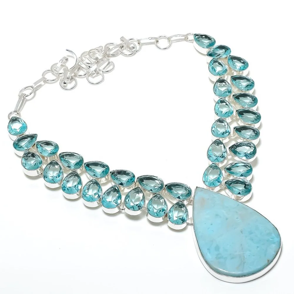 Natural Caribbean Larimar, Blue Topaz 925 Sterling Silver Necklace 18