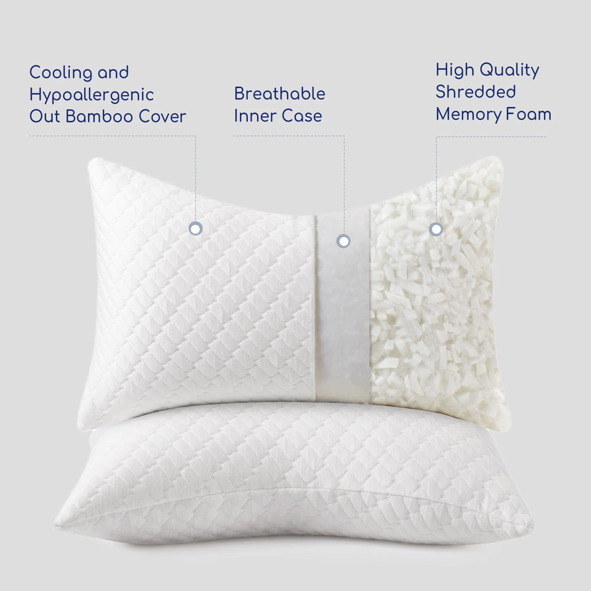 Shredded Memory Foam Adjustable Bed Pillows Extra Comfy Cooling Pillows Set of 2