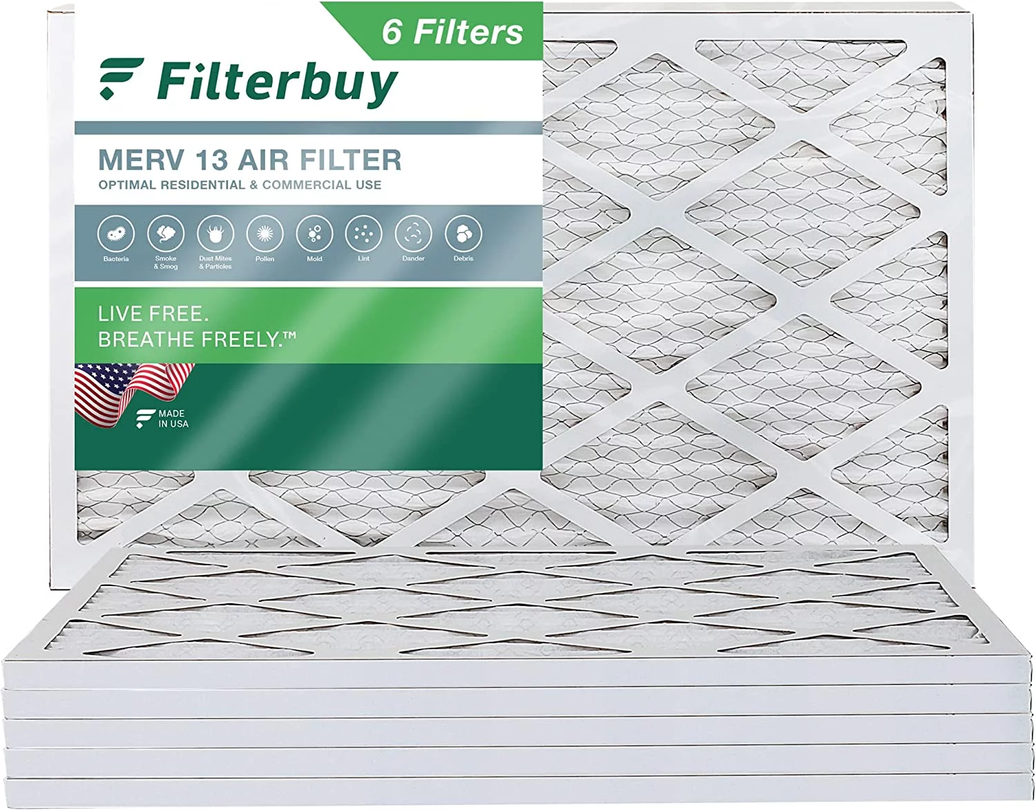 Filterbuy 12.75x21x1 MERV 13 Pleated HVAC AC Furnace Air Filters (6-Pack)