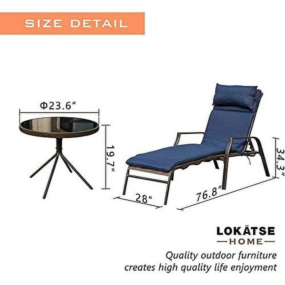 3 Pieces Outdoor Patio Chaise Lounges Chairs Set Adjustable With Folding Table, Dark Blue Cushions