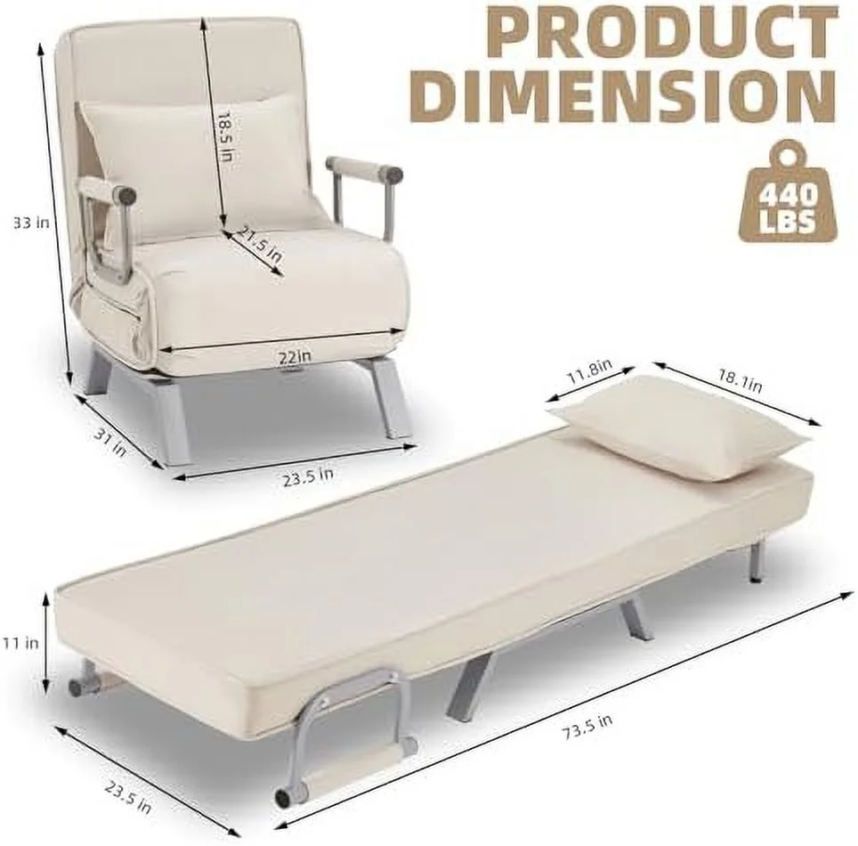 CHYTRE Folding Sofa Bed Sleeper Chair 3-in-1 Single Convertible Sofa with Adjustable Backrest Lazy Bed Leisure Recliner with Pillow Tri-fold Upholstered Armchair for Living Room Office (R