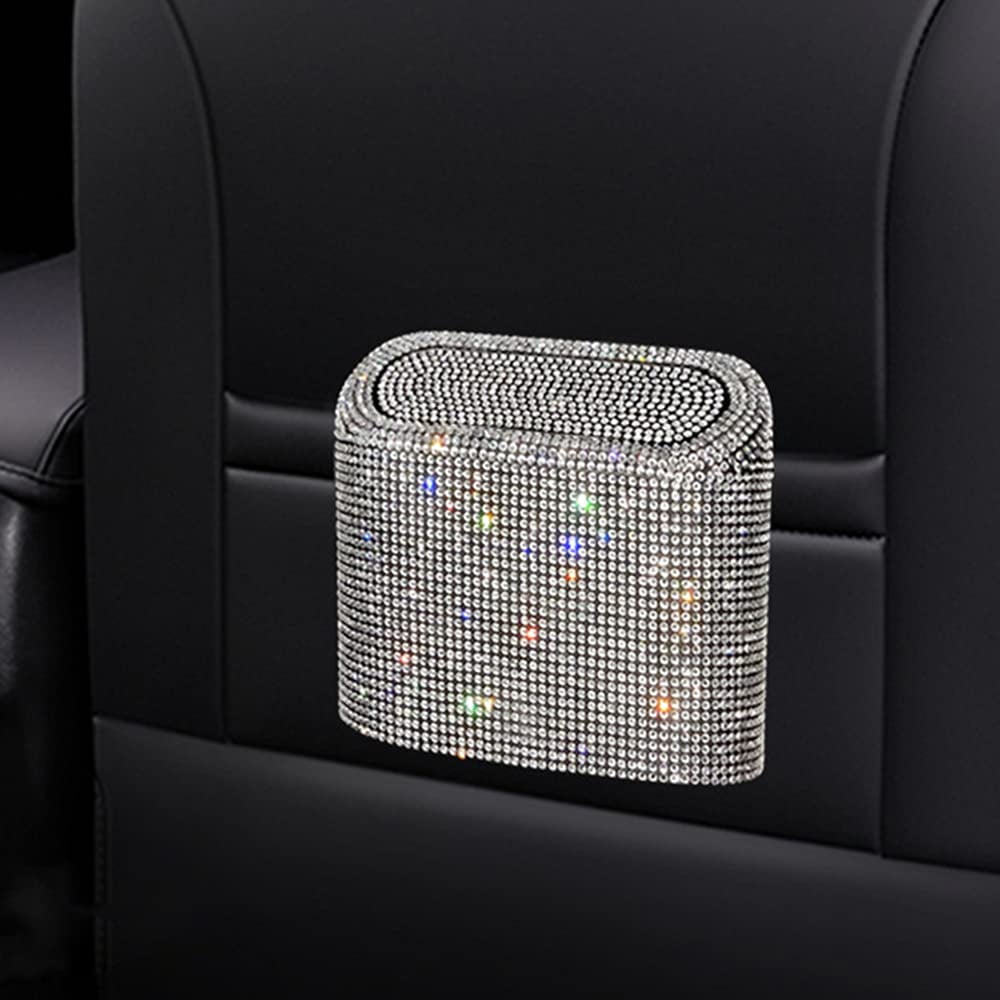 Sparkly Car Trash Car,Hanging Garbage Can with Lid Bling Rhinestone Trash Bin,Litter Container for Vehicle,Office,Home