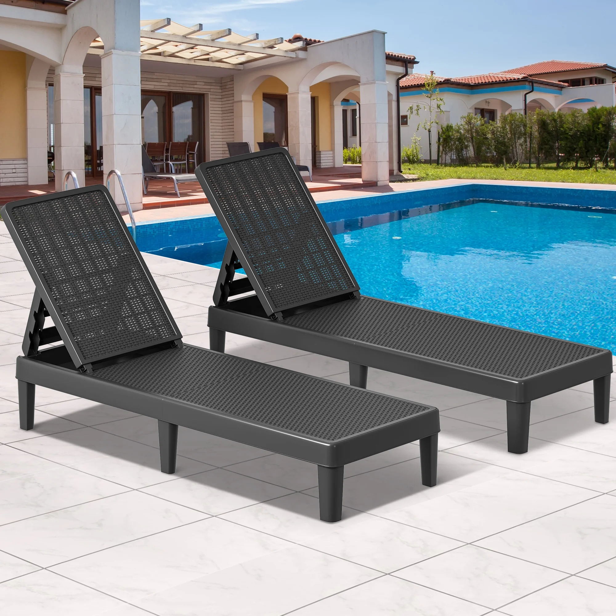 Dextrus 2 Pcs Outdoor Chaise Lounge Chairs with 4-Position Adjustable Backrest, Dark Black