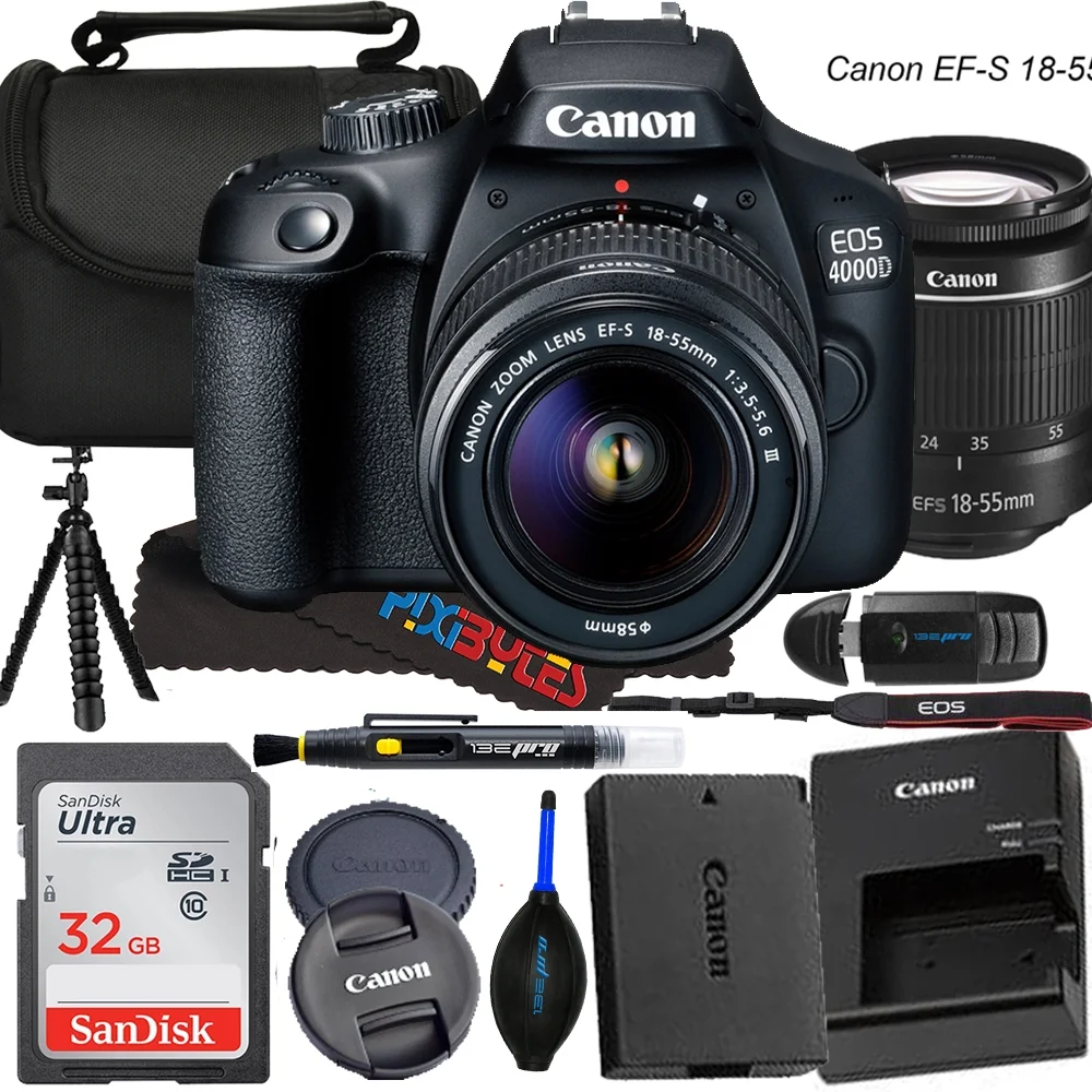 Canon EOS 4000D / Rebel T100 DSLR Camera 18MP with EF-S 18-55mm Zoom Lens + SanDisk 32GB Memory Card + Tripod + Pixi-Bytes Accessory Bundle