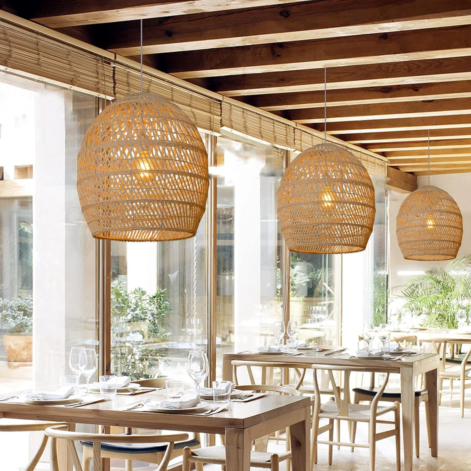 GOURE Boho Wicker Chandelier, Rustic Rattan Basket Pendant Light Fixture Coastal Ceiling Lamp, Farmhouse Hanging Lighting for Dining Table Kitchen Island Restaurant