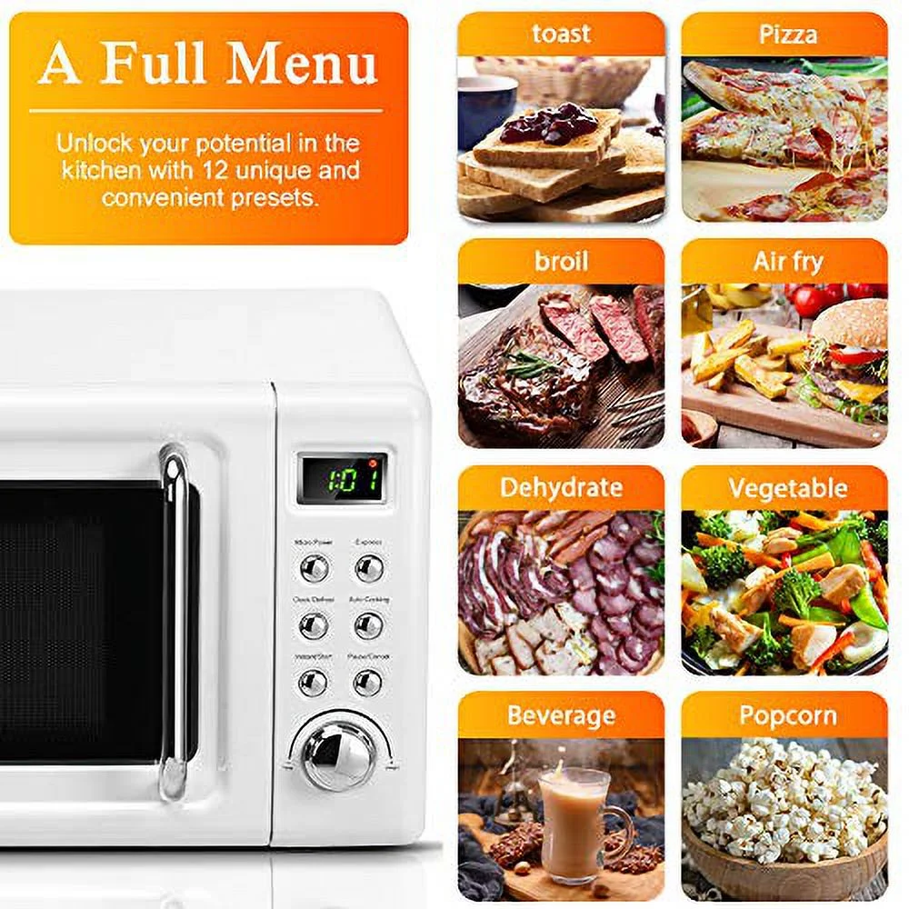 Retro Microwave Oven,Safeplus 0.7Cu.ft, Countertop 700W Microwaves with Cold Rolled Steel Plate 5 Micro Power Defrost & Auto Cooking Function LED Display Glass Turntable and Viewing Window Child Lock