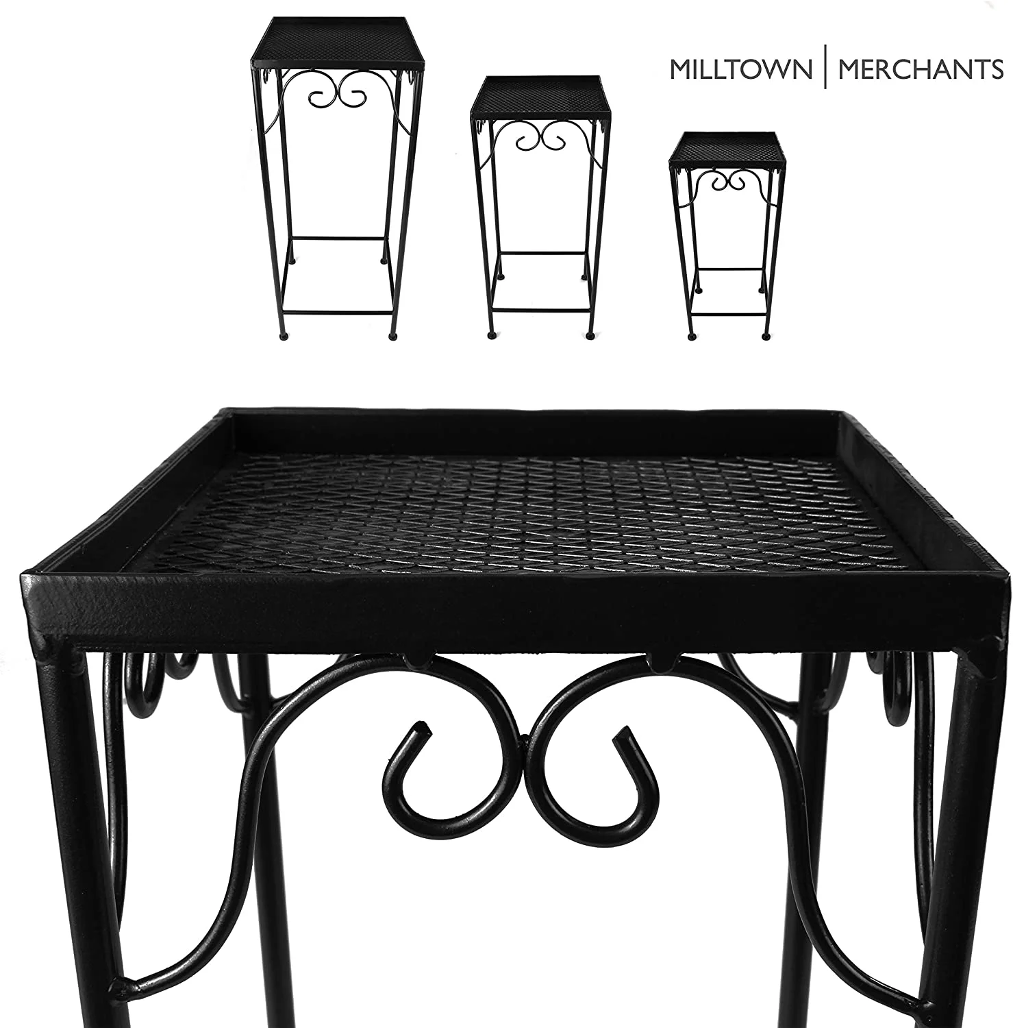 Plant Stands - Set of 3 Metal Plant Stands - Indoor/Outdoor Nesting Wrought Iron End Tables - Square Black Flower Stands