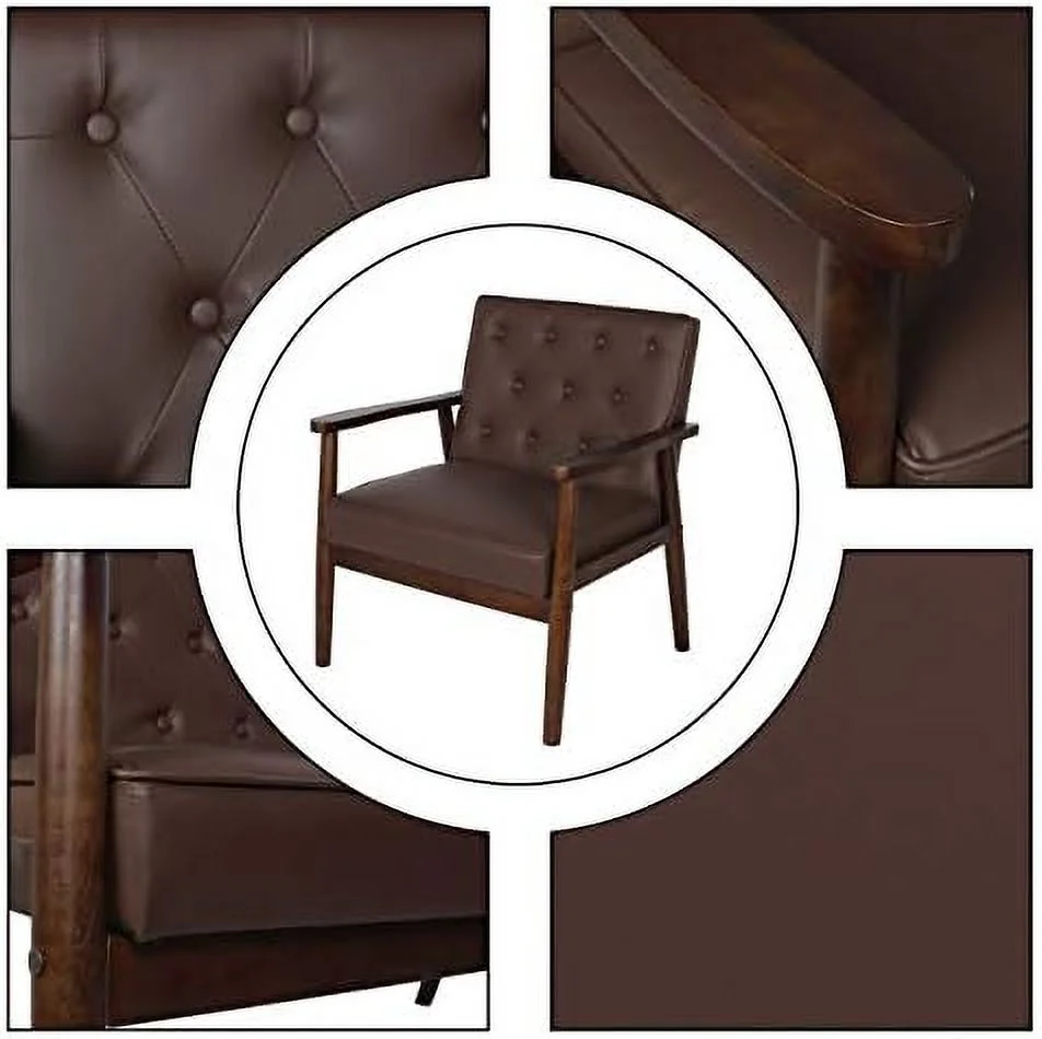 FDSHOIYN Mid-Century Retro Modern Solid Wood Armrest Accent Chair  Faux Leather Tufted Back Upholstered Lounge Chairs  Living Room  (Black 8325)