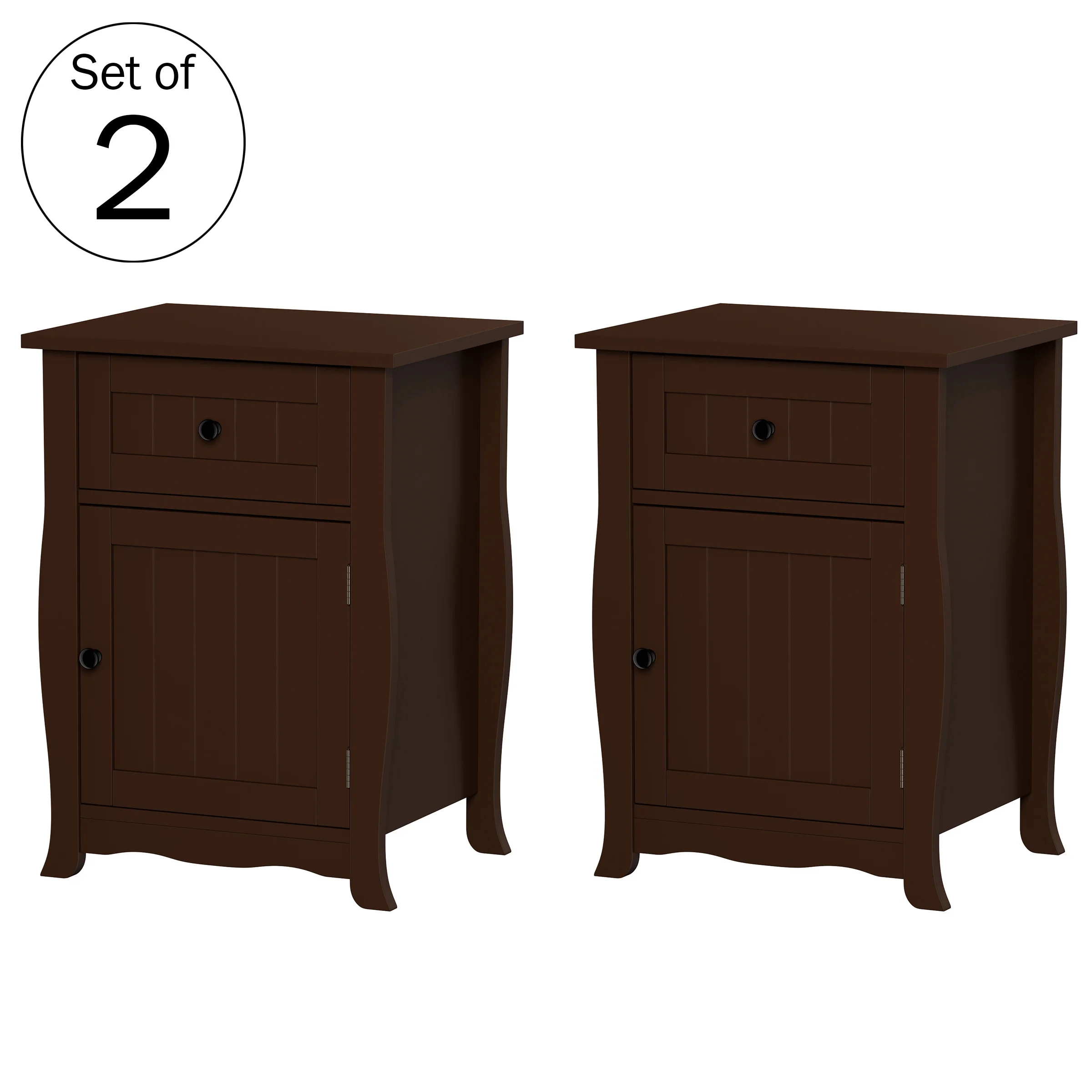 Lavish Home End Tables with Storage Drawer and Cabinet, Brown, Set of 2