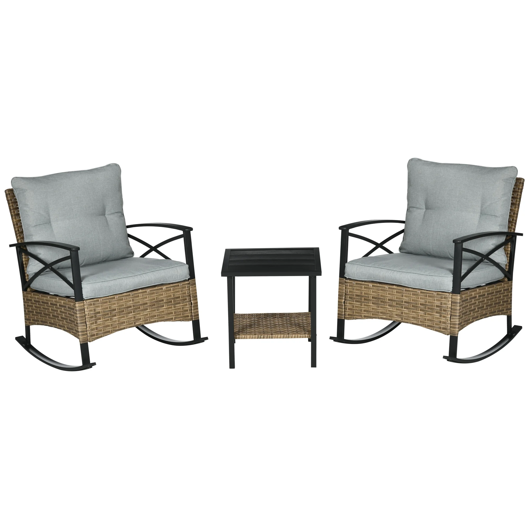 CoSoTower 3 Piece Patio Rocking Chair Set, Outdoor Wicker Bistro Set with 2 Cushioned Porch Rockers and 2 Tier Coffee Table for Garden, Porch, Backyard, Light Gray