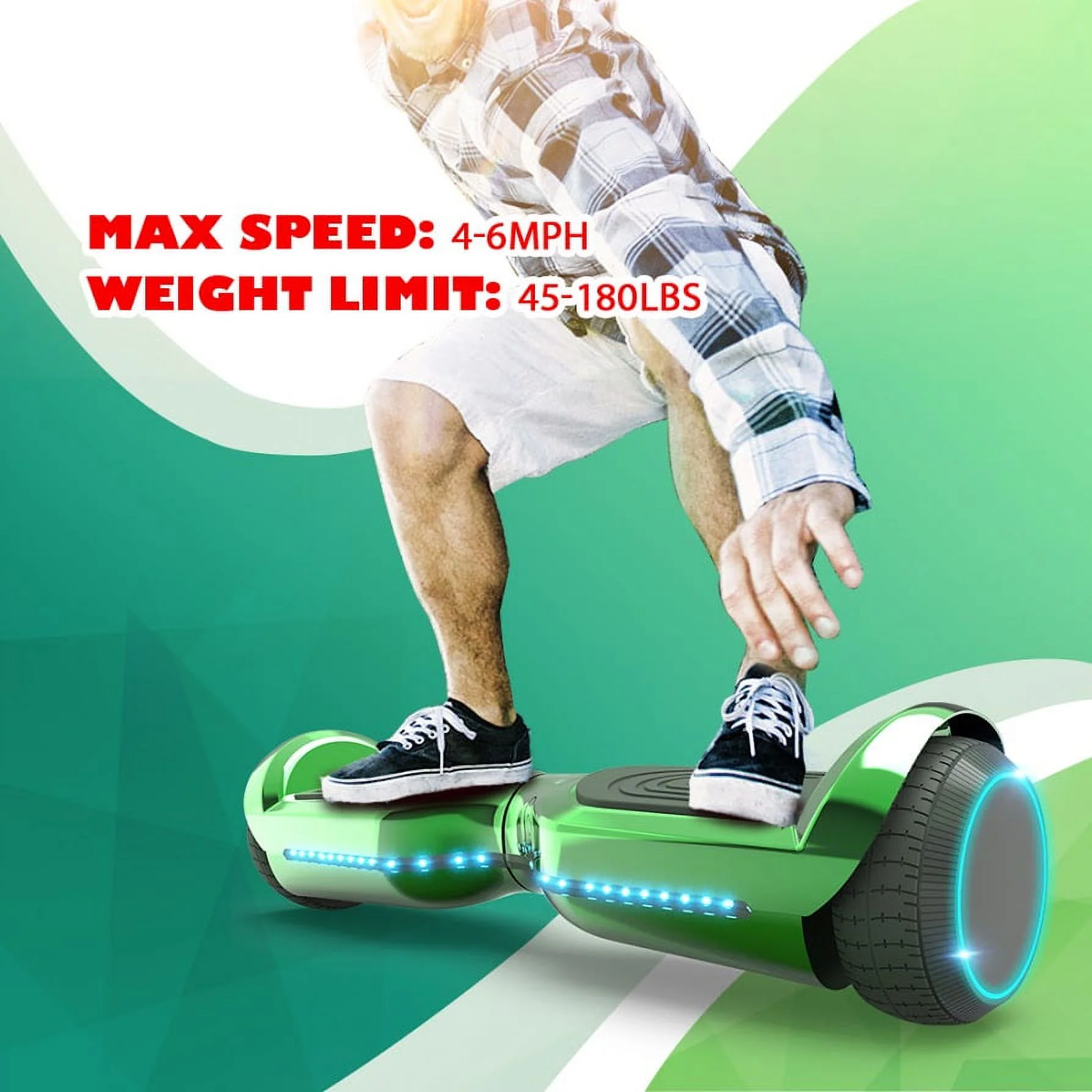 6.5'' Hoverboard with Front/Back LED & Bluetooth Speaker, Self-Balance Flash Wheel, UL Chrome Green