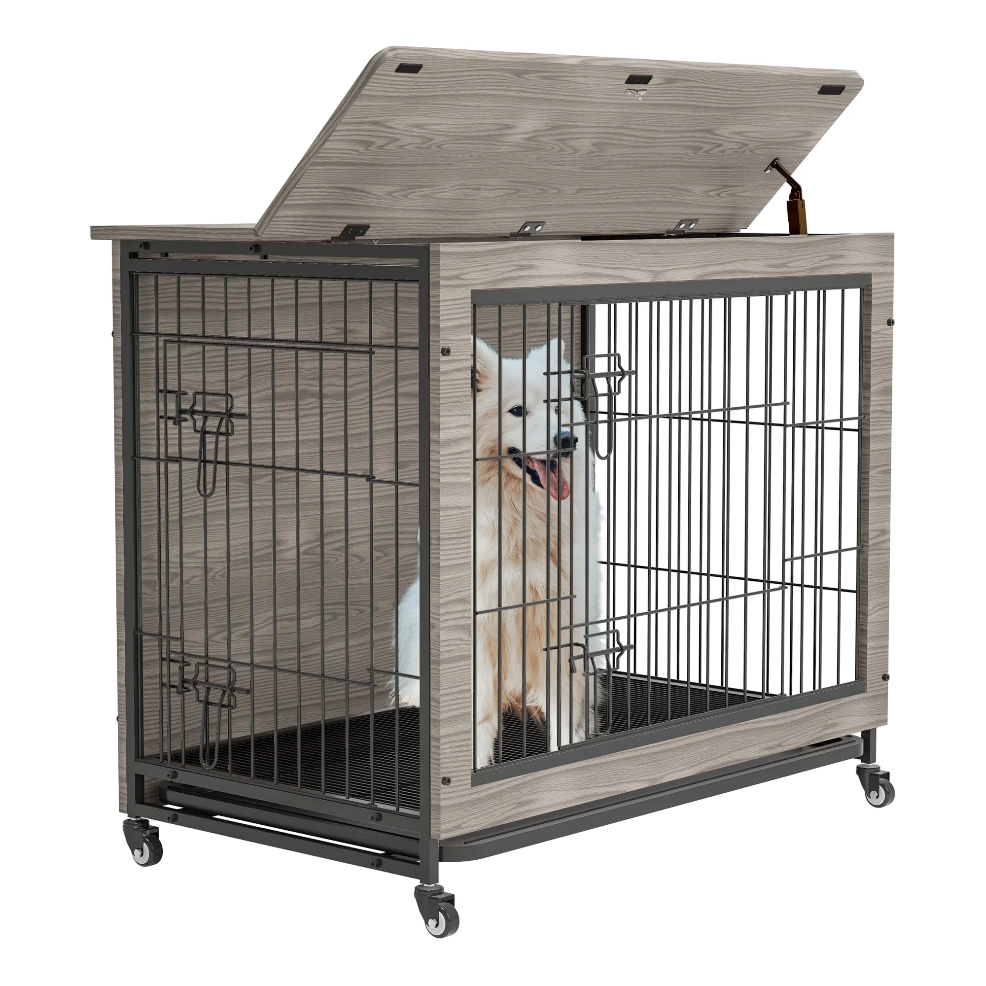 Dog Crate Furniture , 38'' Heavy Duty Wooden Dog Kennel with Double Doors & Flip-Top for Large Dogs, Furniture Style Dog Crate End Table with Wheels, Grey 38.3