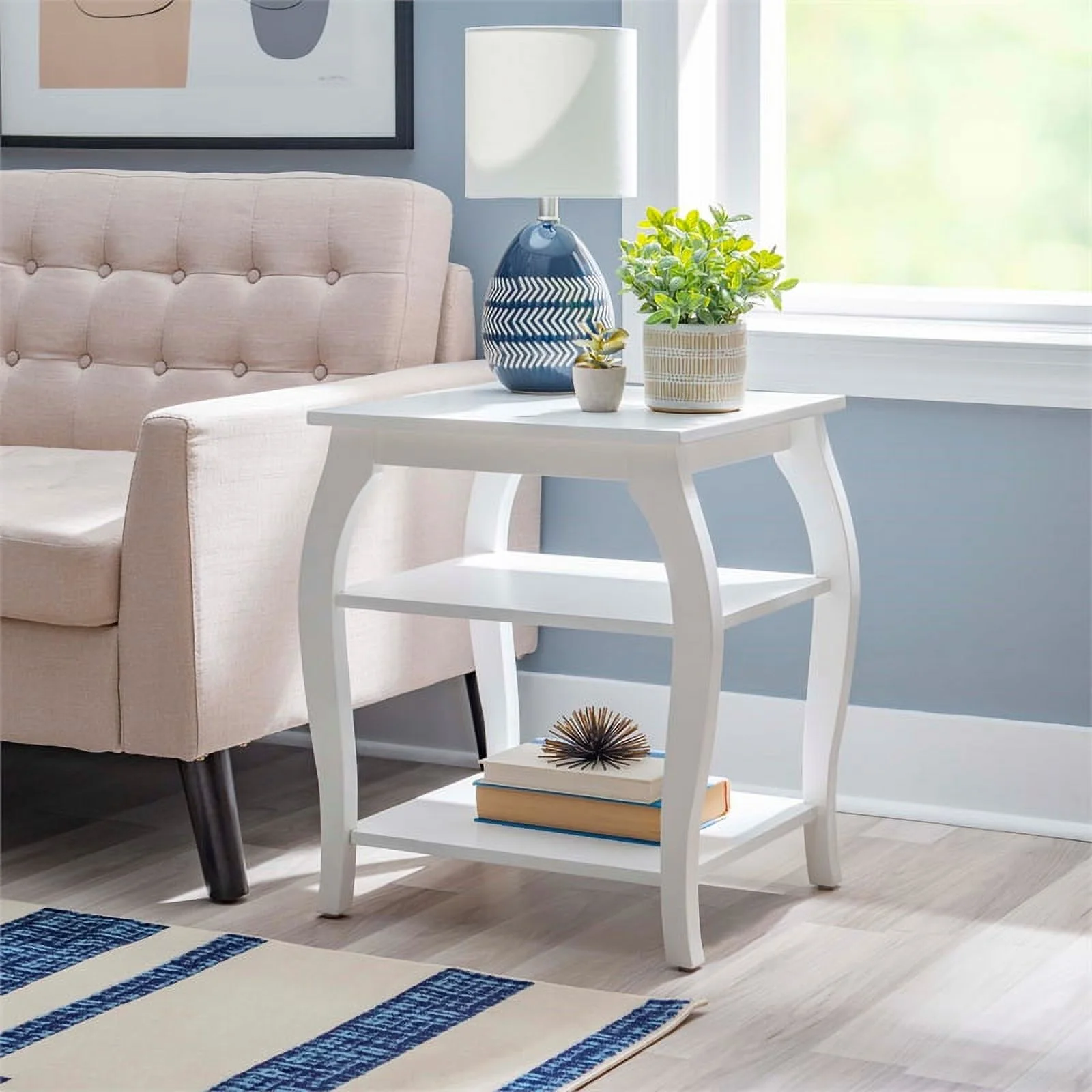 Linon Regan Wood Side Table Curved Legs 2 Spacious Shelves in White Finish