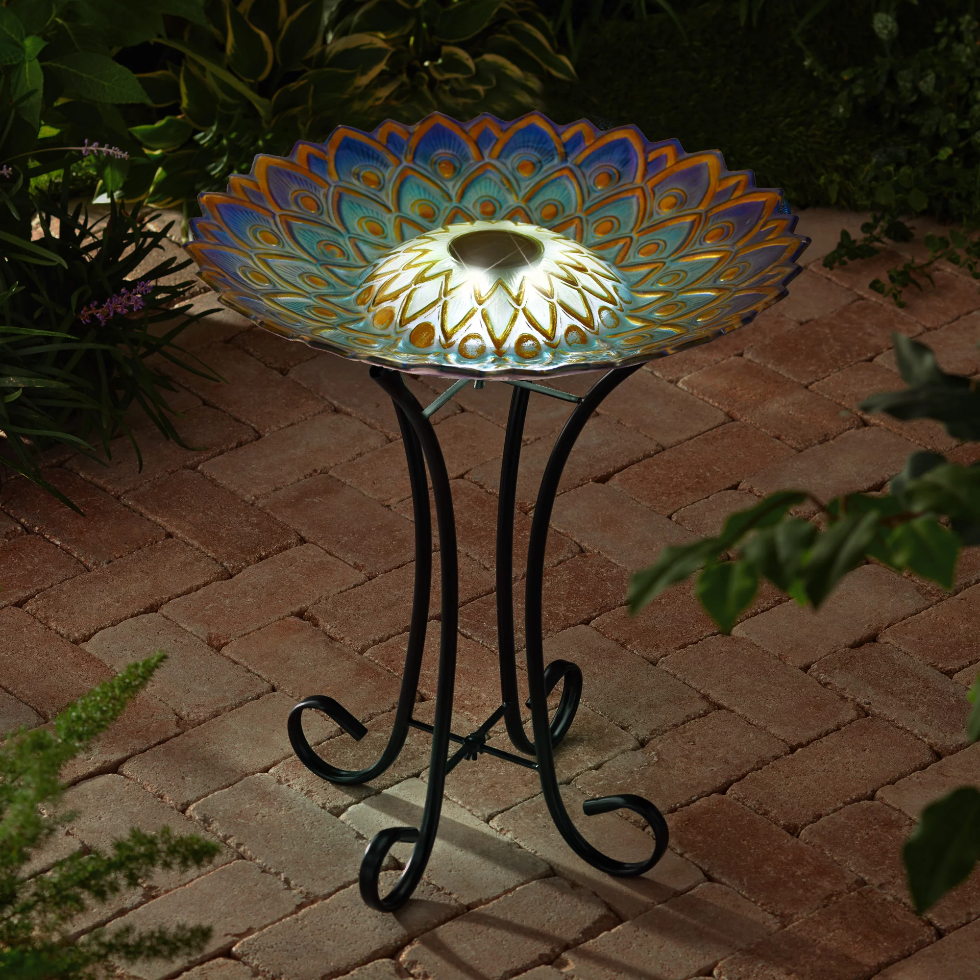 Hi-Line Gift Solar Peacock Blue Geometric Glass Bird Bath with Stand