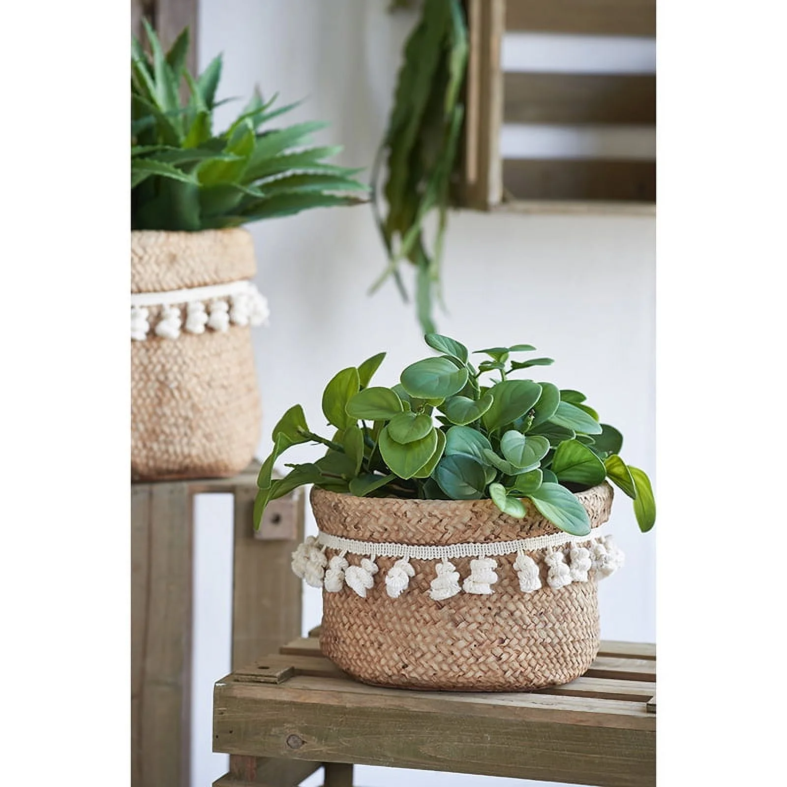 CC Home Furnishings Rustic Round Basket Planters with Tassel - 12.25