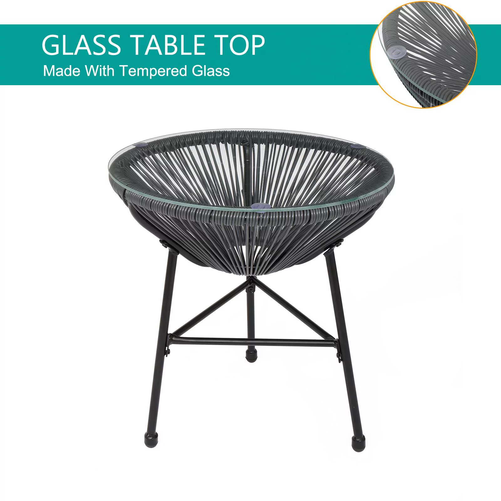 UBesGoo 3-Piece All-Weather Patio Chat Set w/ Glass Table, Acapulco Bistro Furniture, Gray