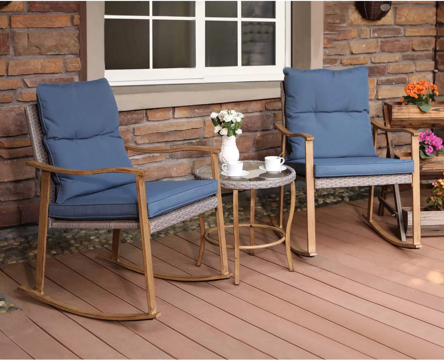 COSIEST 3 Piece Bistro Set Patio Metal Rocking Chairs with Table, Cobalt Blue Cushions