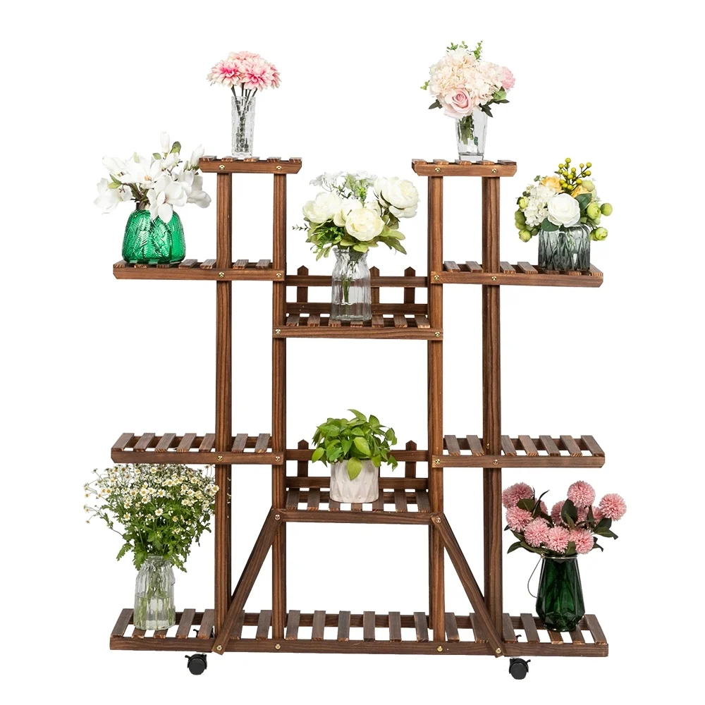 Rolling Plant Stand Shelf Indoor - 6 Tier Wood Plant Pots Shelves Tiered Flower Rack Holder Stand with Detachable Wheels for Multiple Plants Outdoor Garden Balcony Patio Living Room