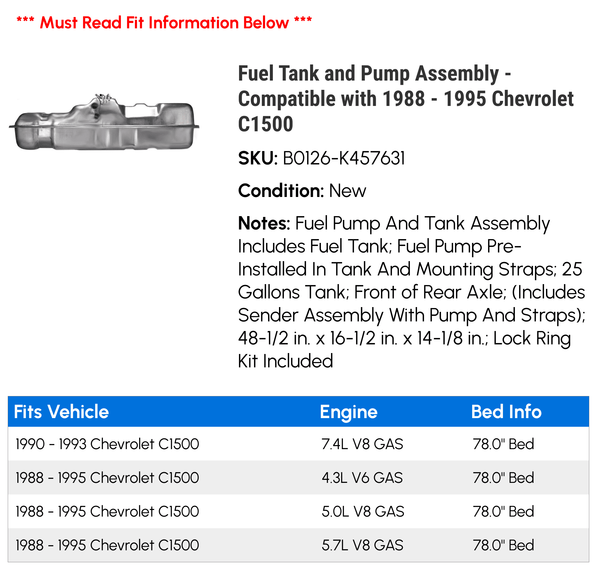 Fuel Tank and Pump Assembly - Compatible with 1988 - 1995 Chevy C1500 1989 1990 1991 1992 1993 1994