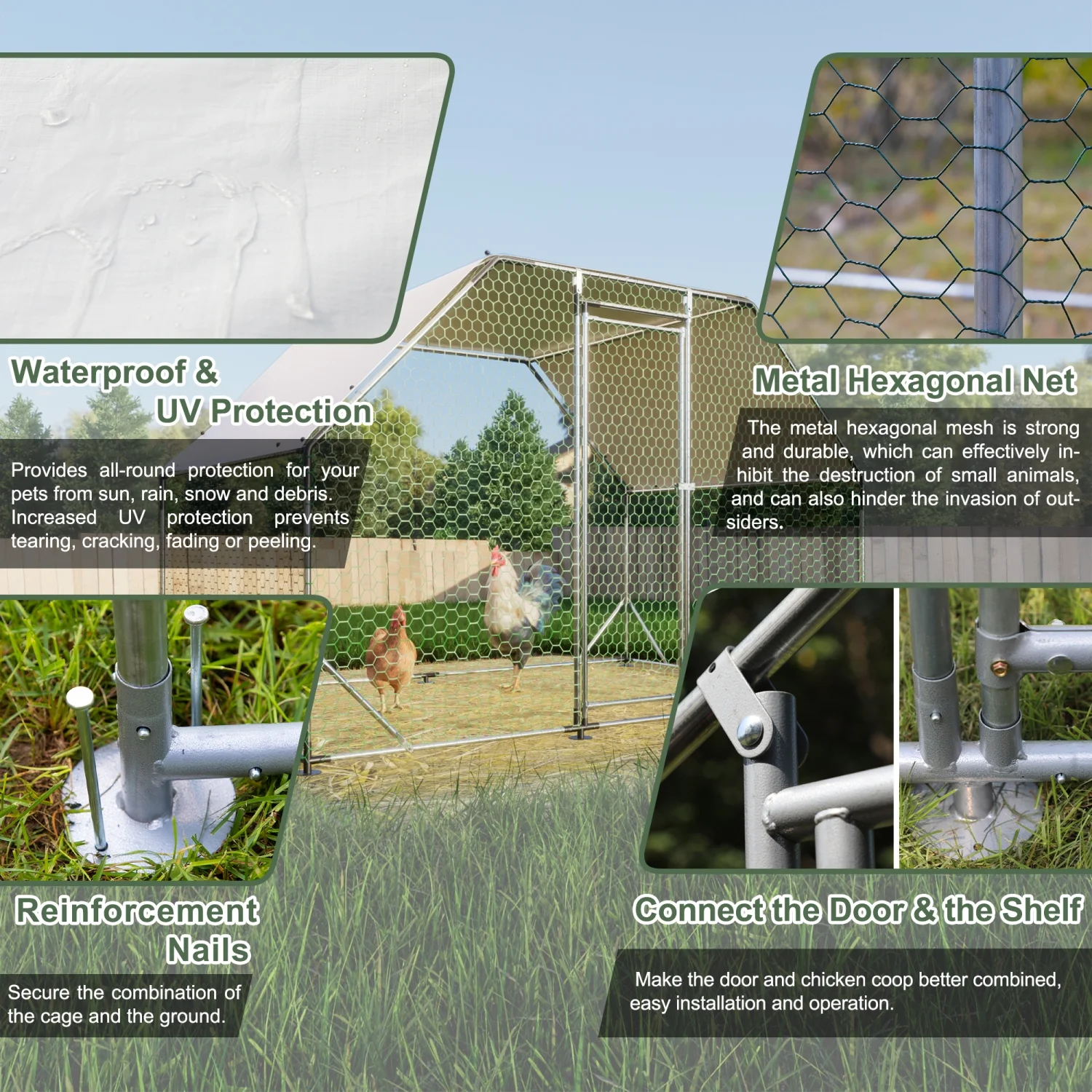 JHOOTUUO Metal Large  Coop Walk-in Poultry Cage Run  Shaped with Waterproof 9.94‘L x 6.46‘W x 6.36‘ft