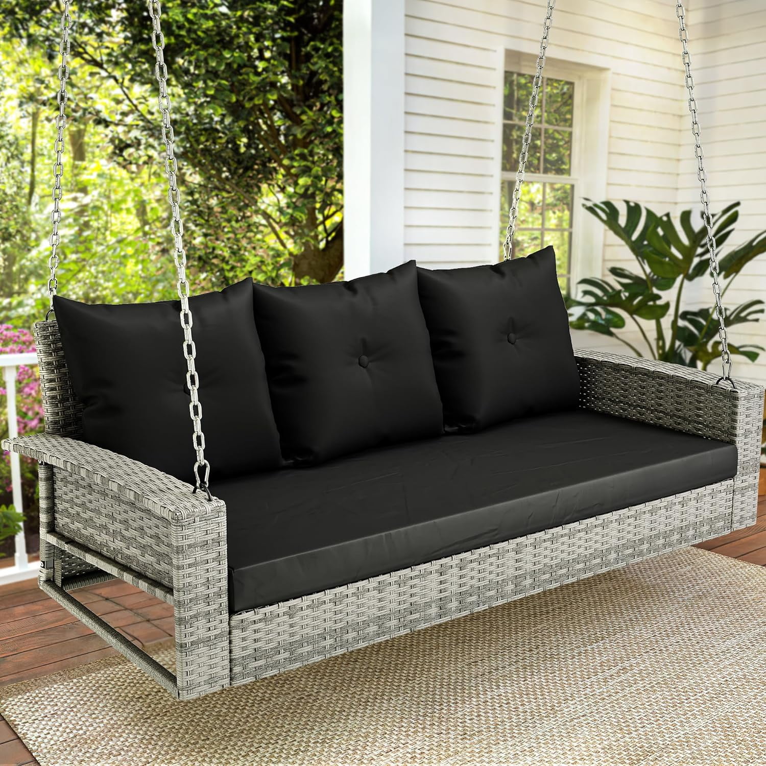 Wicker Hanging Porch Swing Chair Outdoor Gray Rattan Patio Swing Lounge 3 Back Cushions Capacity For Garden, Balcony, Gray Rattan Black Cushion