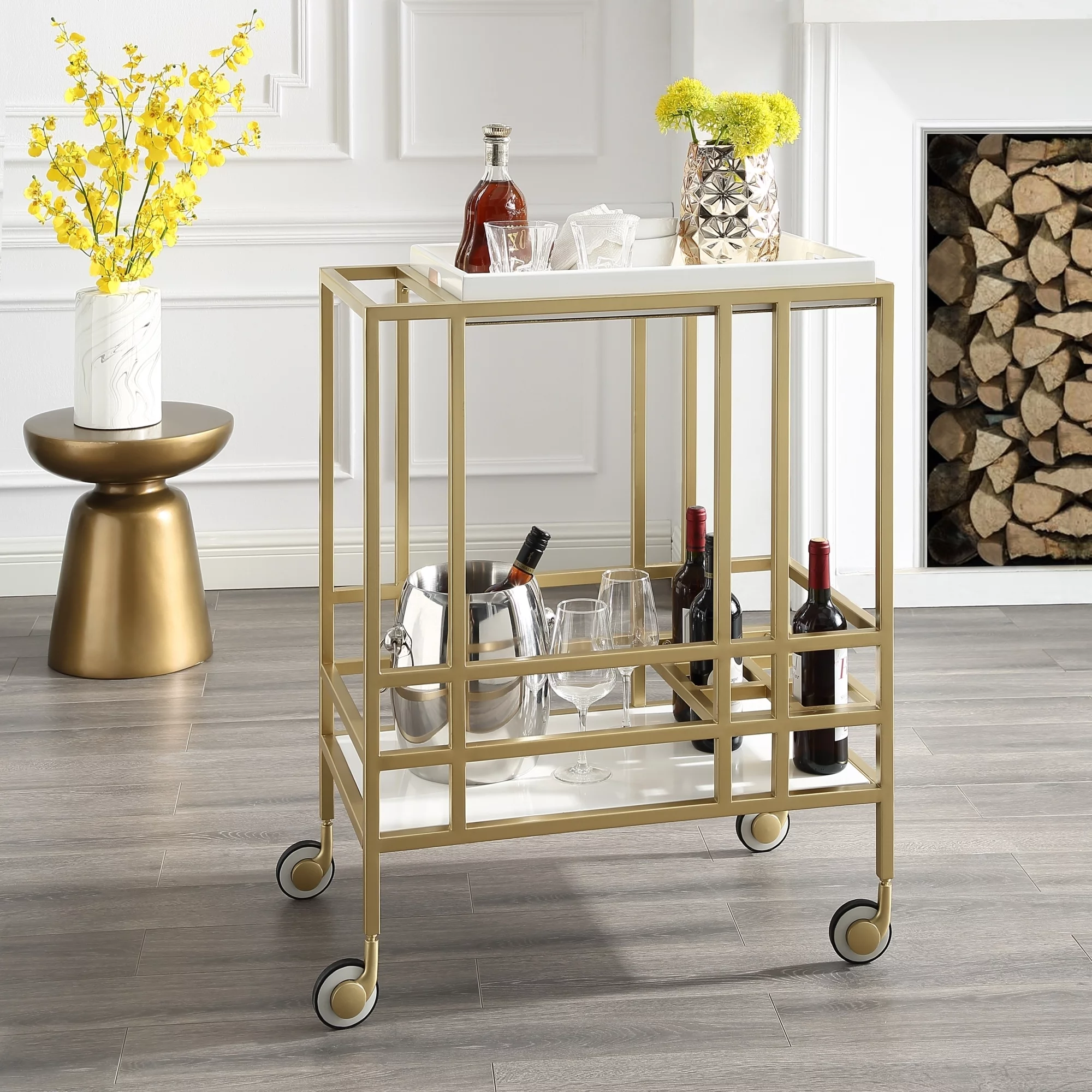 Kelsey Serving Bar Cart-Removable Tray-Wine Bottle and Stemware Storage-Casters-Inspired Home