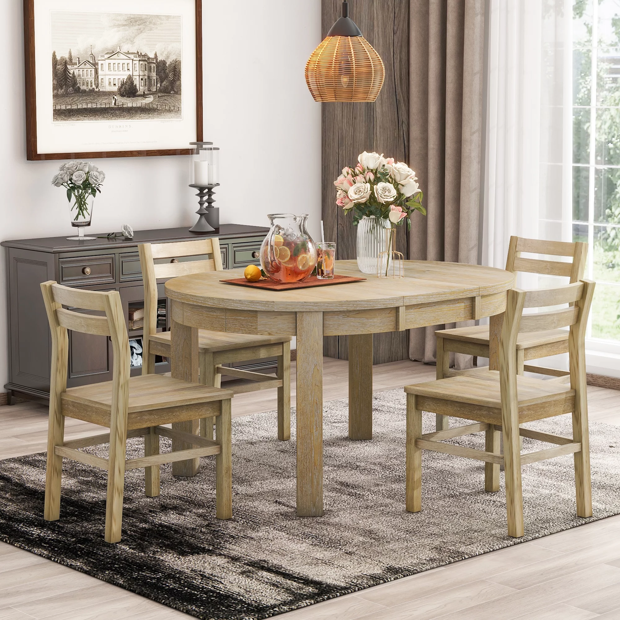Churanty Round Extendable Dining Table Set Solid Wood Farmhouse 5 Piece Kitchen Dining Set for 4 with Leaf and Drawers,Natural