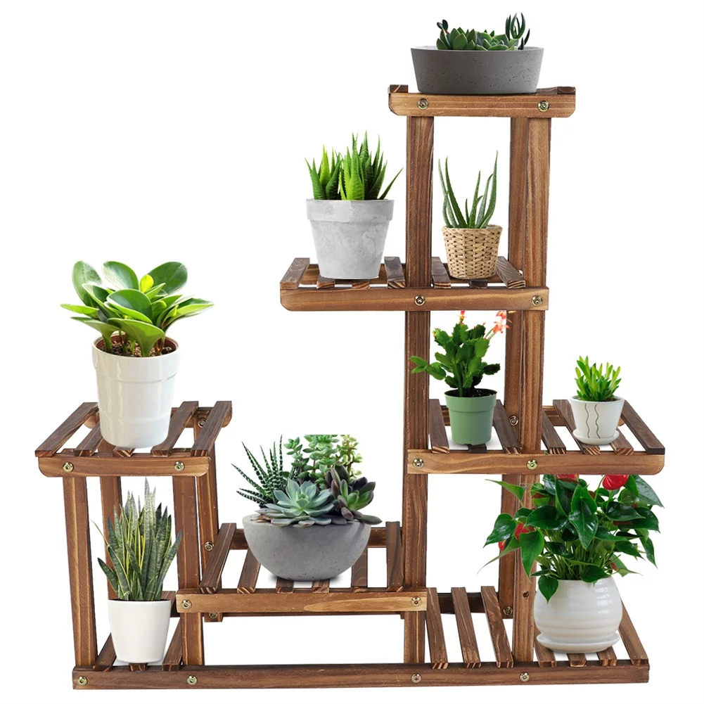 Wobythan Multi-tiers Wooden Plant Stand Balcony Garden Flower Plant Stand Display Shelf