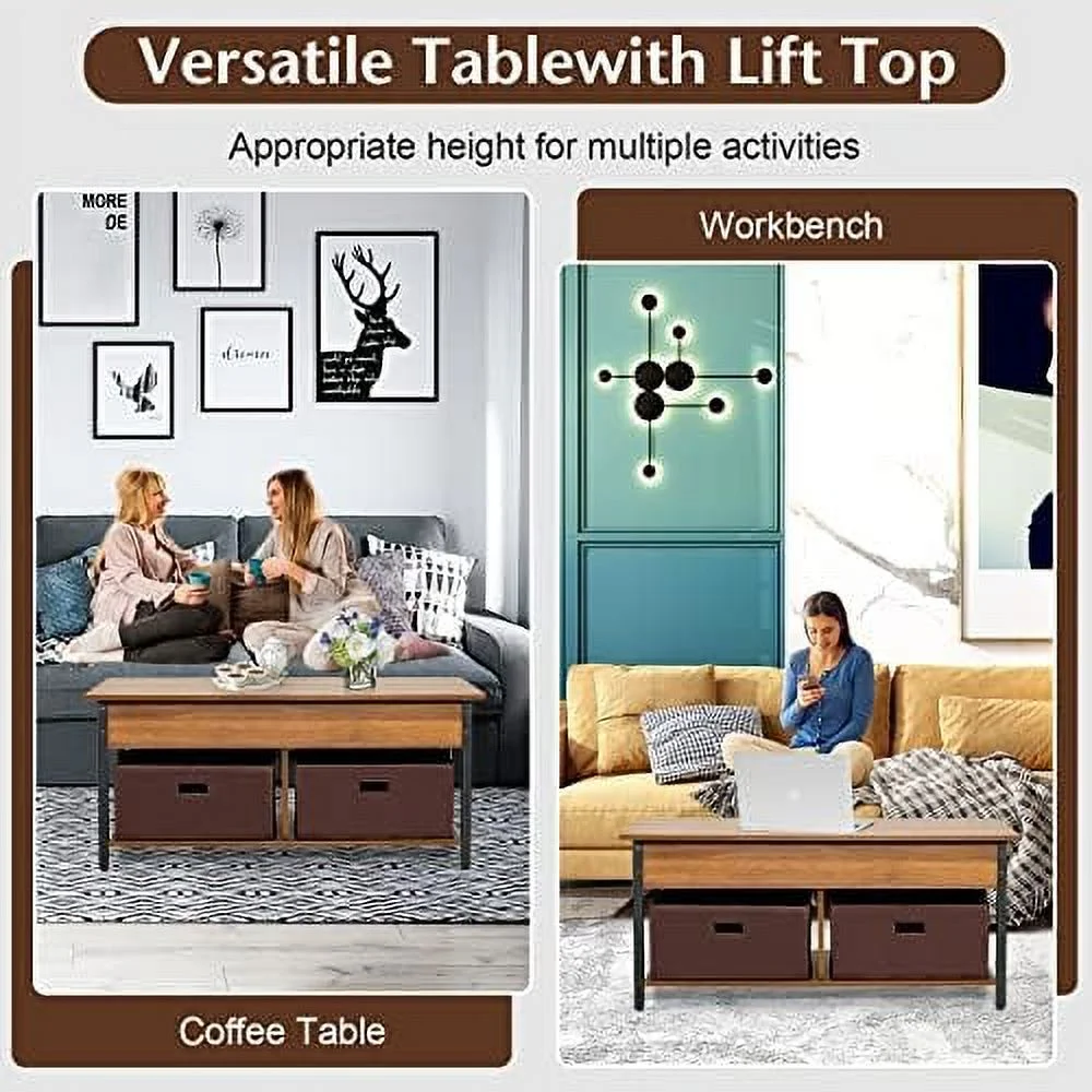 TJCGDTY Lift Top Coffee Table with Drawers  Multifunctional Pop-up Central Table with Lifting Tabletop  Concealed Compartment & 2 Folding Fabric Drawers  Home Living Room  (Rustic Bro