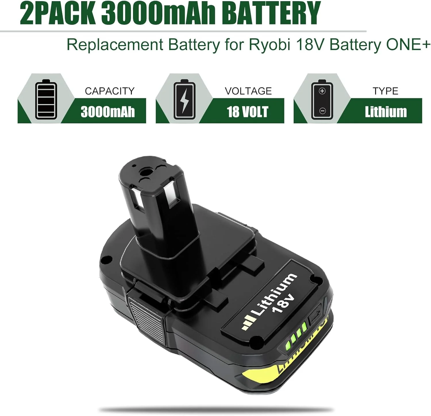18 Volt P108 Lithium-Ion Battery replacement and P117 charger For Ryobi 18V P102
