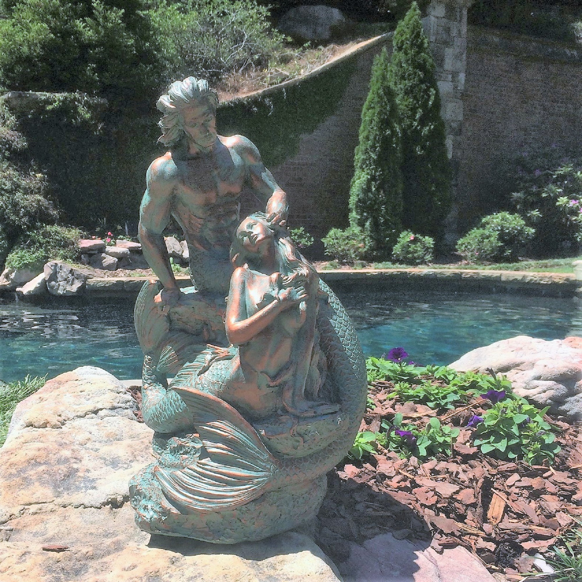 Homestyles 18 in. Sexy Merman & Mermaid on the Oceans Rock in Bronze Patina Finish Nautical Garden Beach Statue