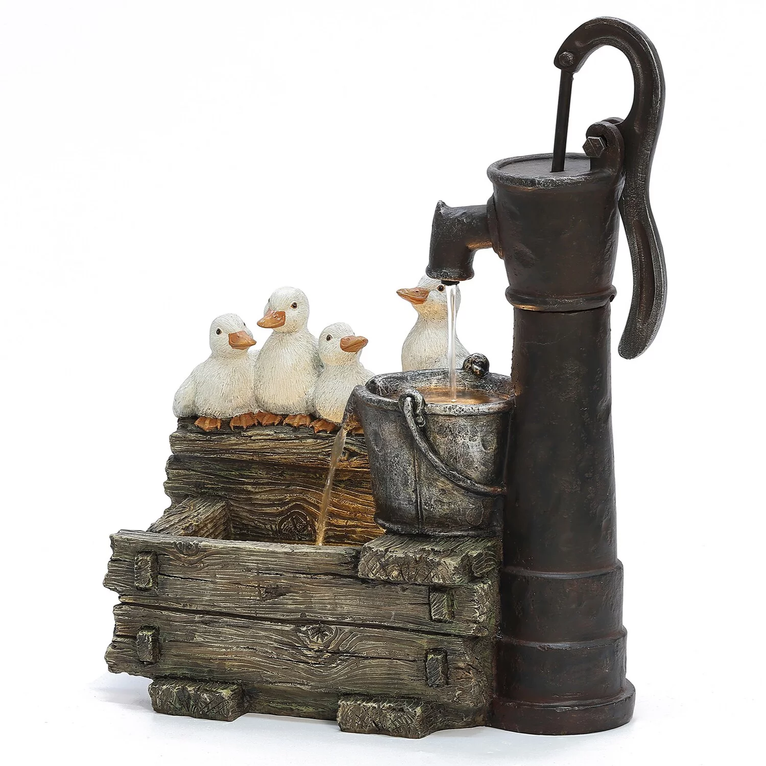 LuxenHome Farmhouse Crate and Baby Ducks Resin Outdoor Fountain with Lights