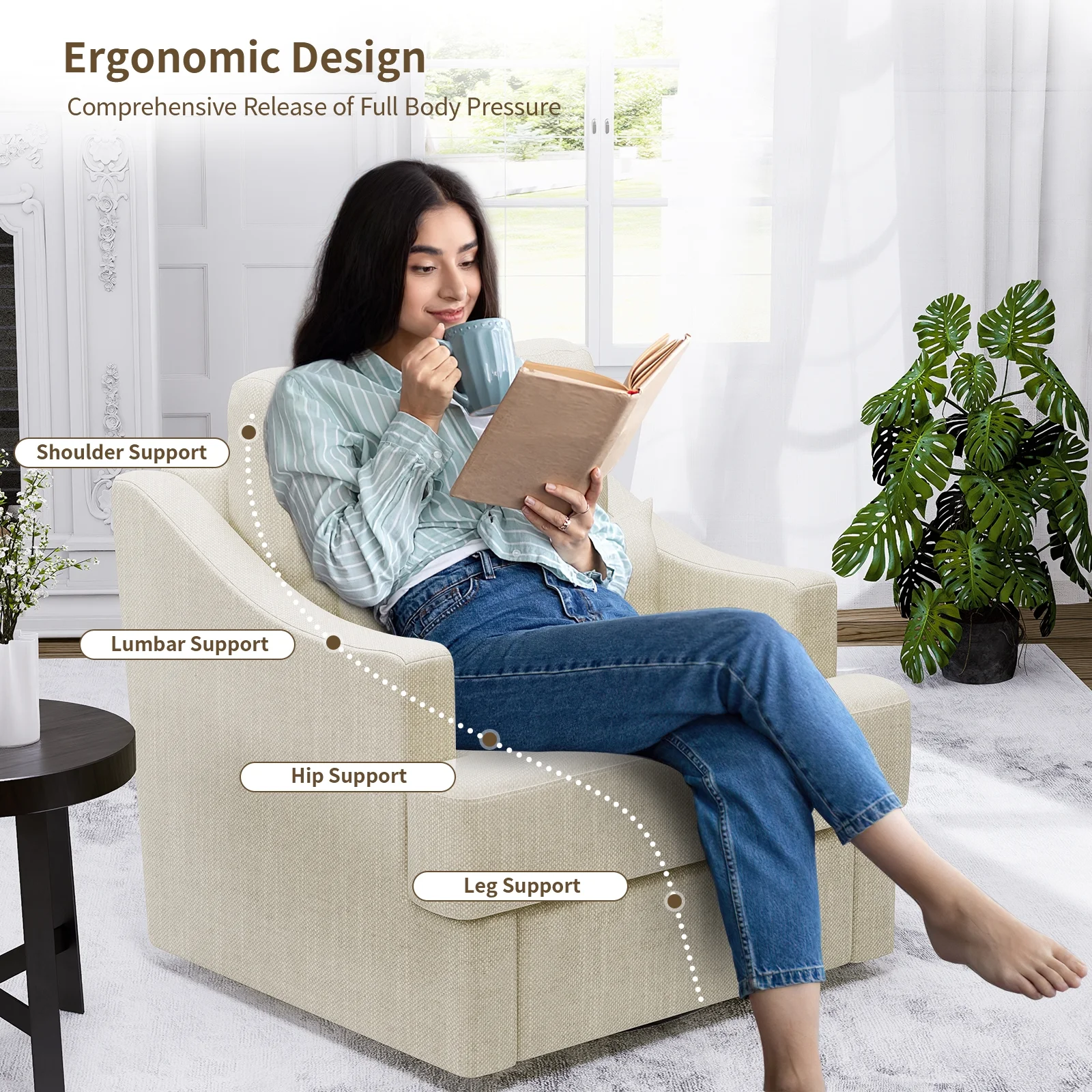 MEISSALIVVE Modern 360° Degree Swivel Accent Chair with Metal Base Soft Lumbar Pillow for Living Room Bedroom