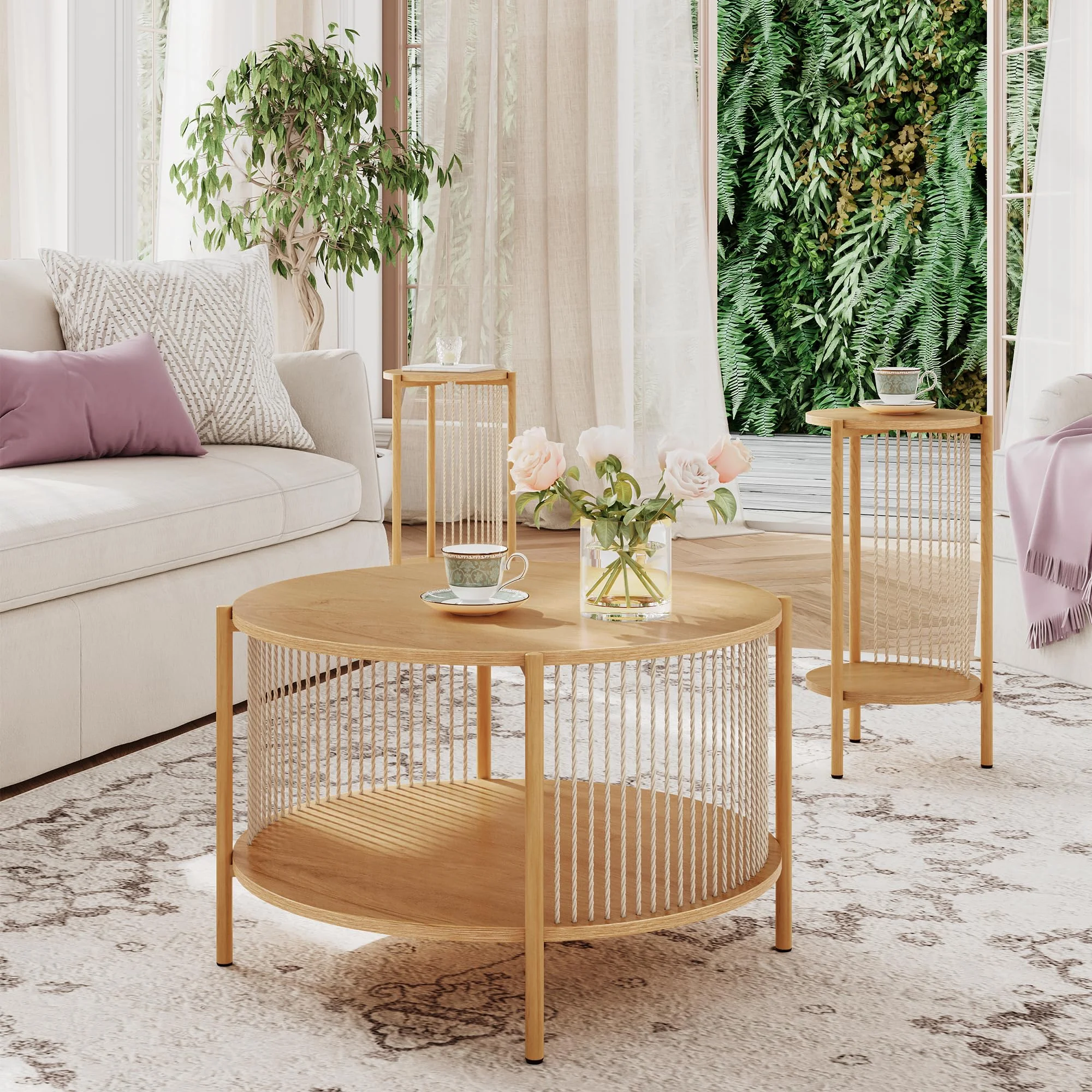 Brafab 3-Piece Coffee Table Set with Natural Fiber Rope for Living Room，Round Wooden Rattan Coffee Table and Two End Tables, Boho 2 Tier Modern Side Table with Metal Frame for Apartment Home Office