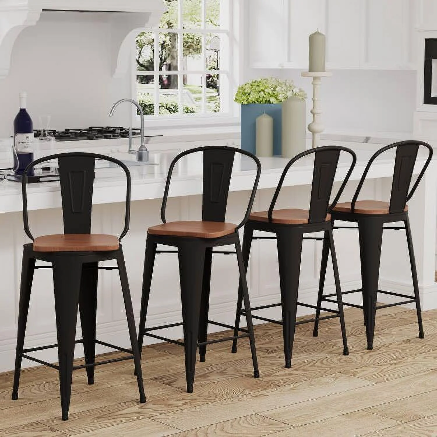 HOOMHIBIU Metal  Stools Counter Height Stool  Stools Set of 4 Kitchen Swivel Dining  Chairs (High Back Rusty Wooden  Swivel 26 inch)