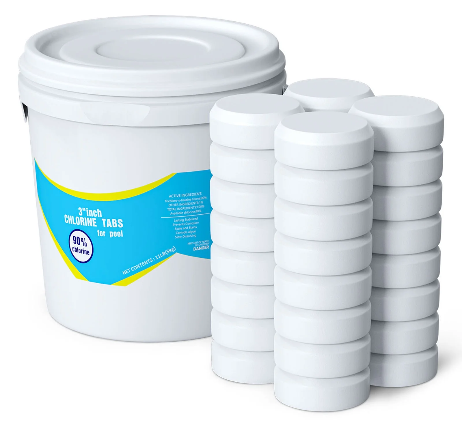 3 Inch Stabilized Chlorine Tablets for Swimming Pools - Individually Wrapped, Slow Dissolving - 90% Available Chlorine(11 Pounds)