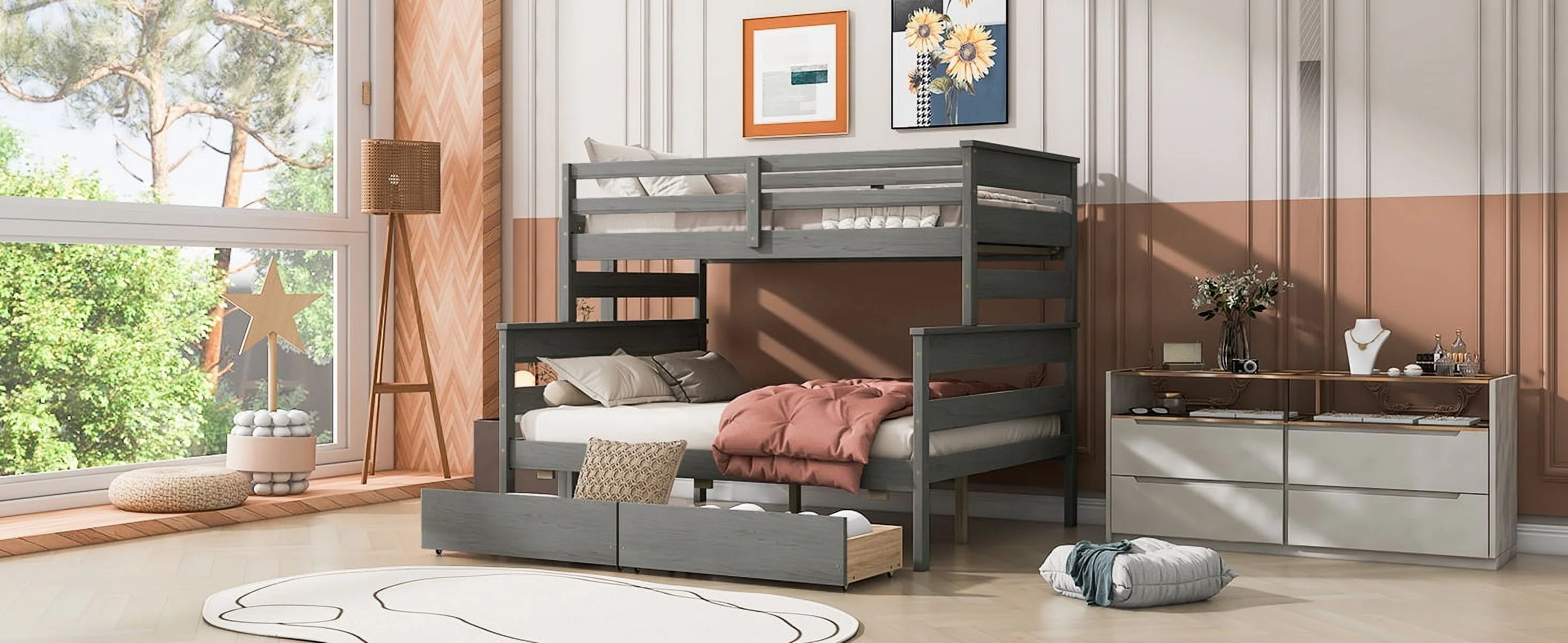 Homiyad Wood Twin Over Full Bunk Bed with 2 Drawers, Gray