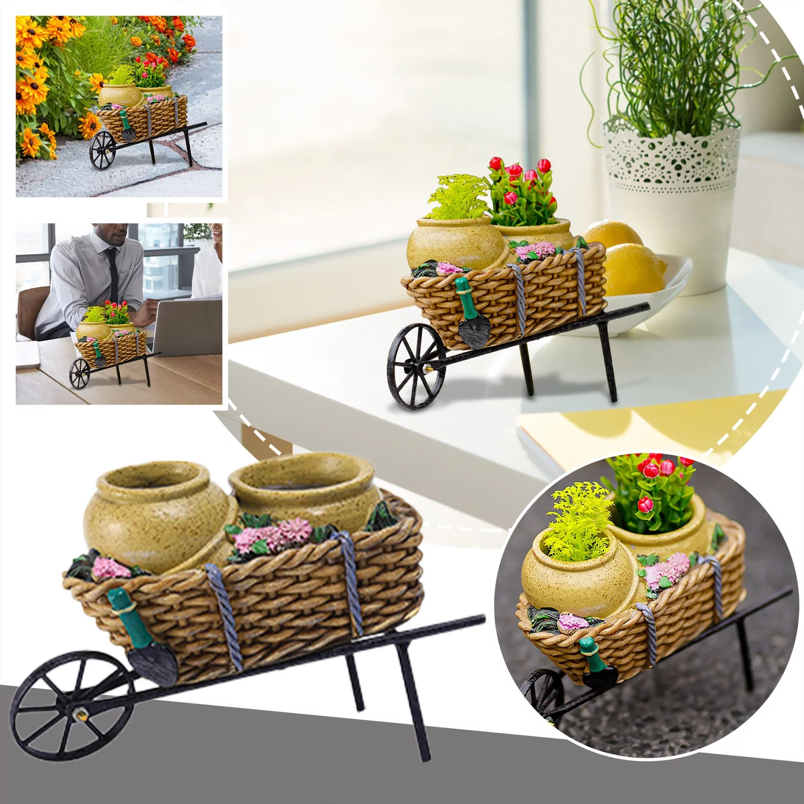 Pull Cart Flower Pot Creative Micro Landscape Resin Flower Pots For Home Restaurant Decoration Ornaments For Desktop Office Decor Solar Flower Pot Lamp Post Lug Extra Large Pumpkin for Cooking Metal
